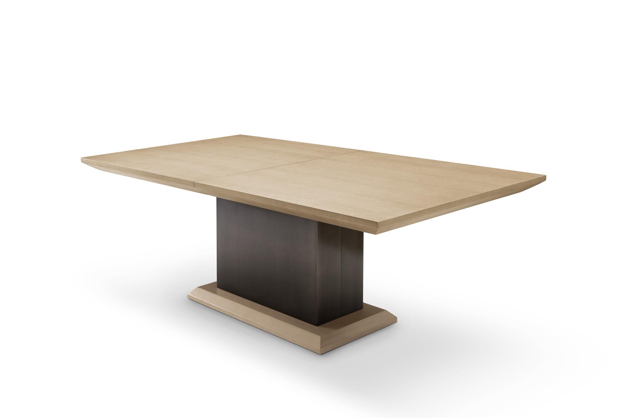 Veneer Modern Oak and Bronze Extension Dining Table designed by Greg Sheres in Stock. For Sale