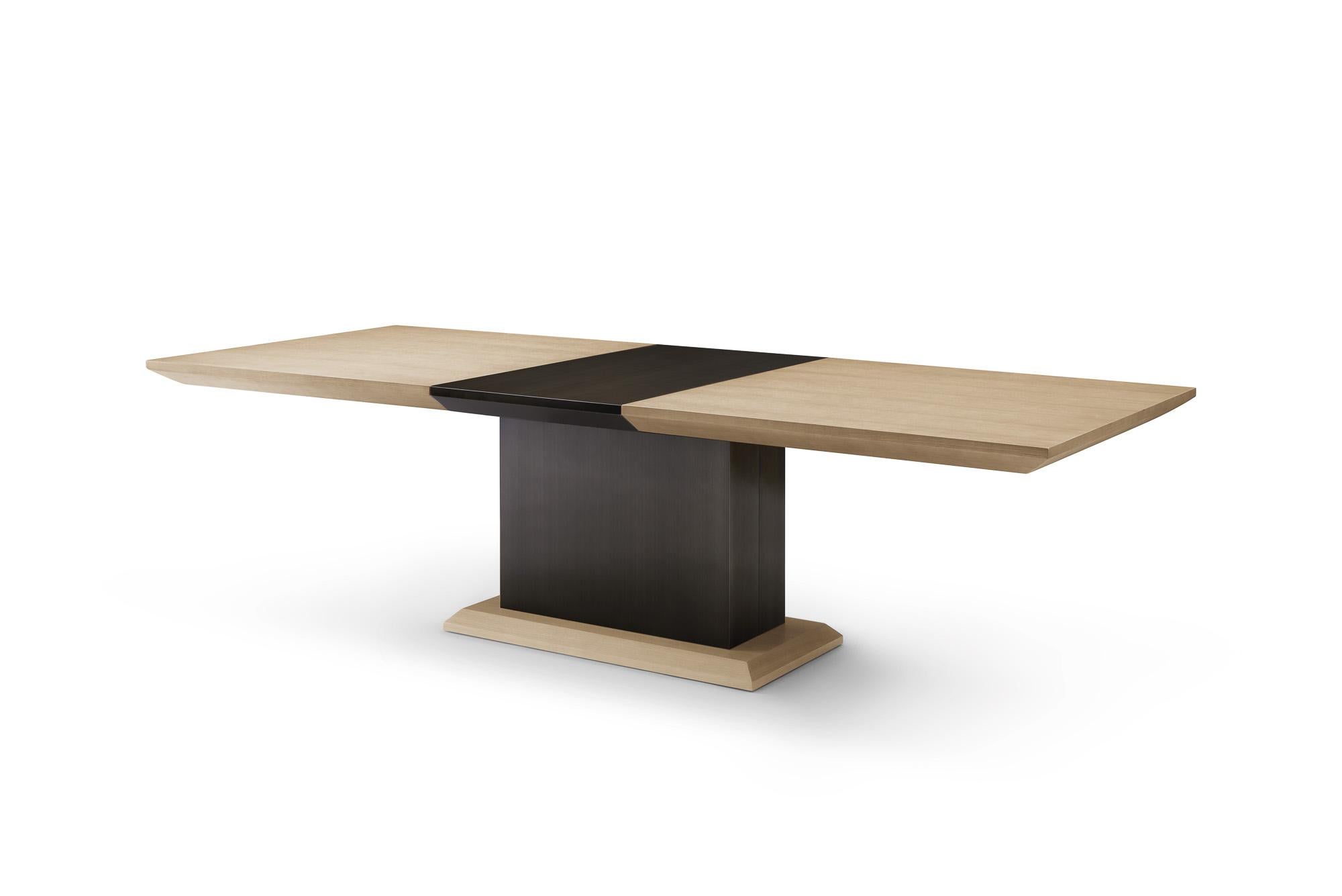 Modern Oak and Bronze Extension Dining Table designed by Greg Sheres in Stock. In New Condition For Sale In Hilton Head Island, SC