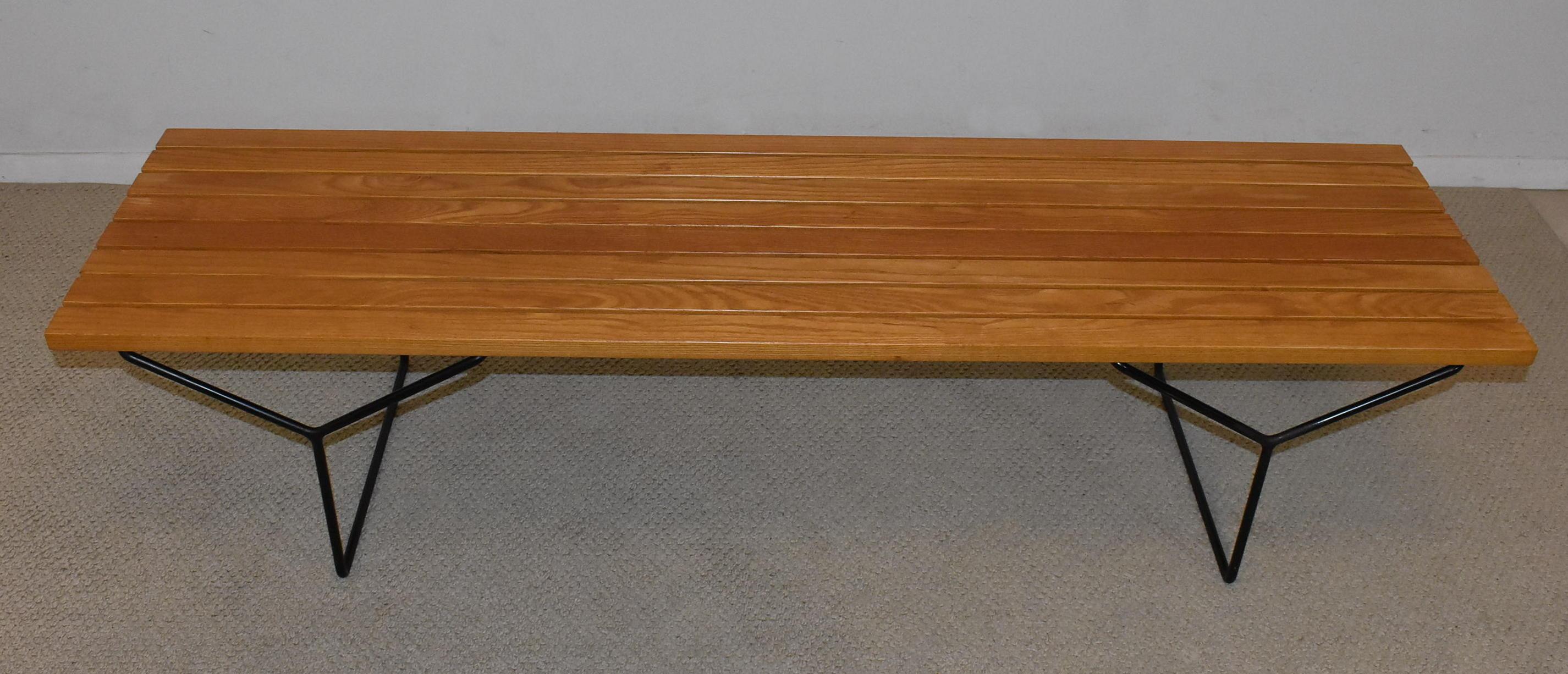 Knoll Mid-Century Modern oak and steel slated bench / coffee table attributed to Harry Bertia.