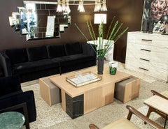 Modern Oak Coffee Table with Integrated Pullout Ottomans