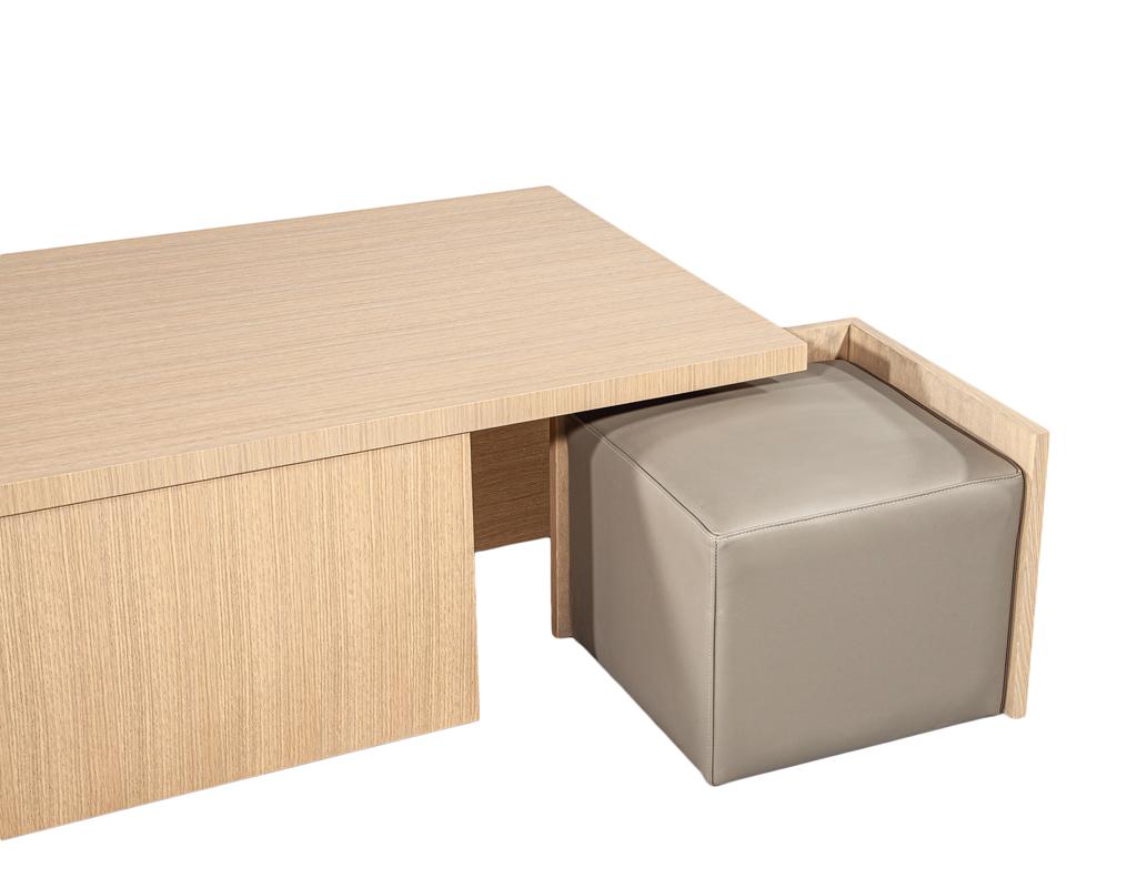 Modern Oak Coffee Table with Integrated Pullout Ottomans For Sale 2