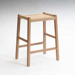 Modern Oak Counter Stool with Hand-Woven Danish Cord Seat