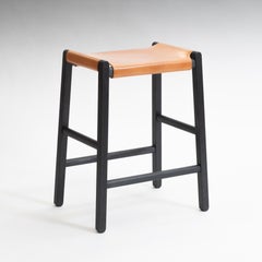 Modern Oak Counter Stool with Slung Leather Seat