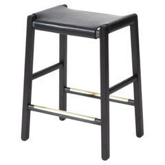 Modern Oak Counter Stool with Slung Leather Seat
