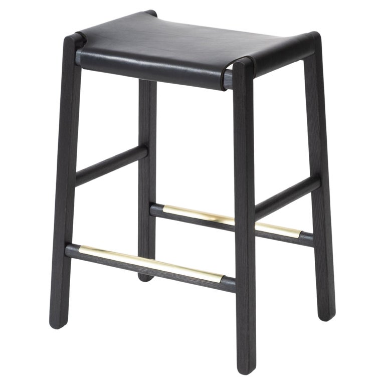 Modern Oak Counter Stool with Slung Leather Seat For Sale at 1stDibs