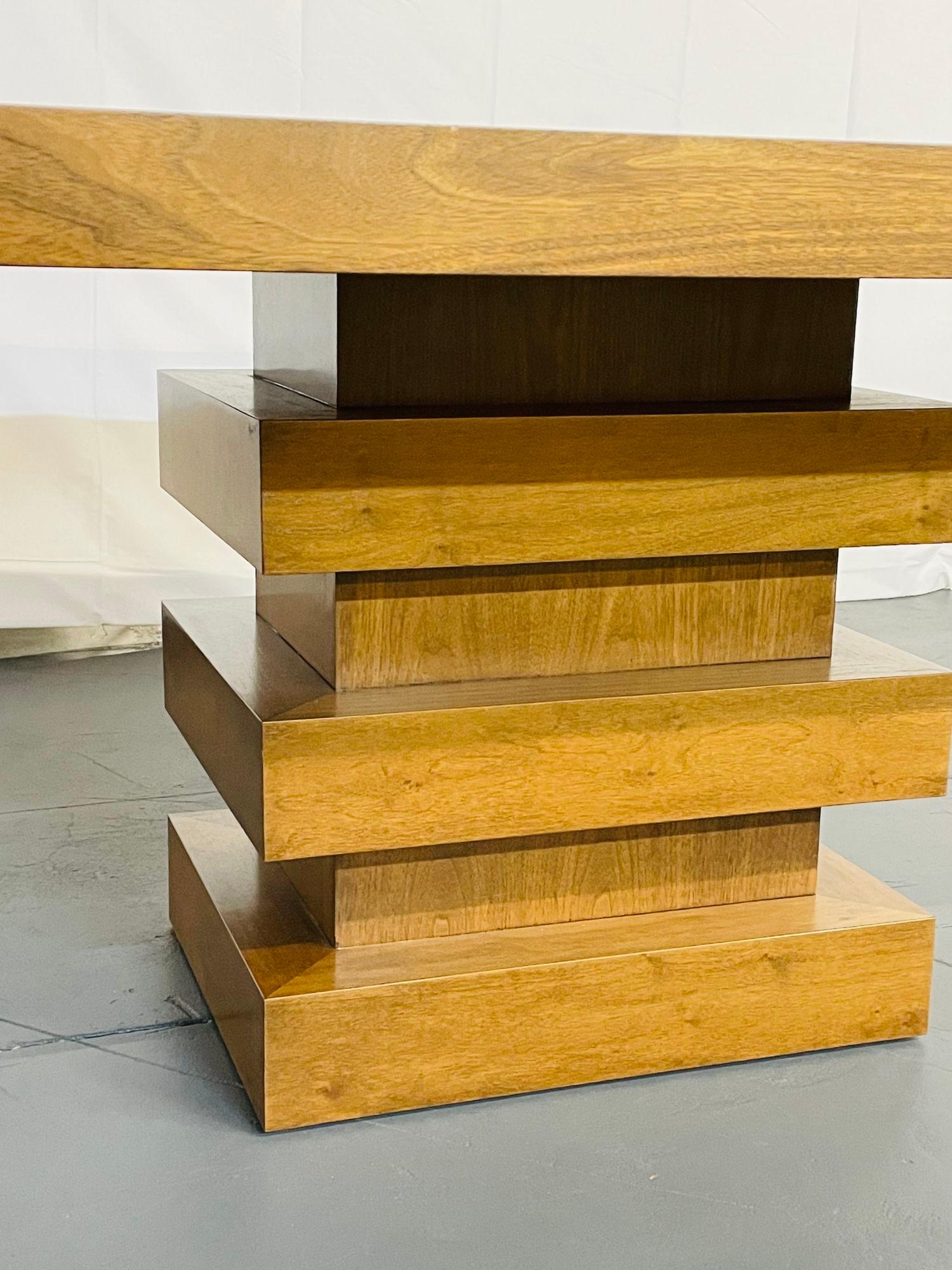 Modern Oak Double Pedestal Base Dining / Conference Table, Geometric Design For Sale 4