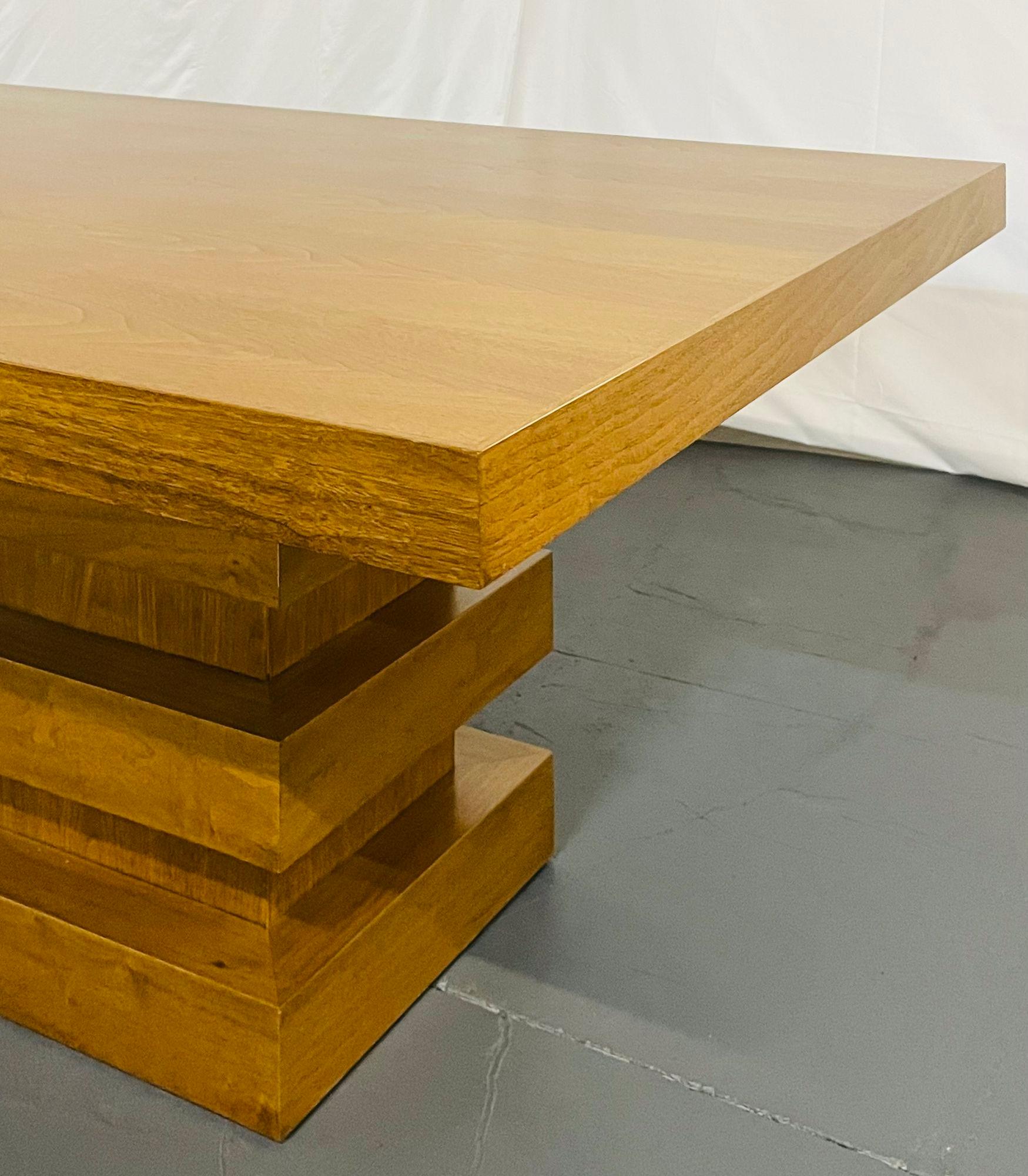 Modern Oak Double Pedestal Base Dining / Conference Table, Geometric Design For Sale 5