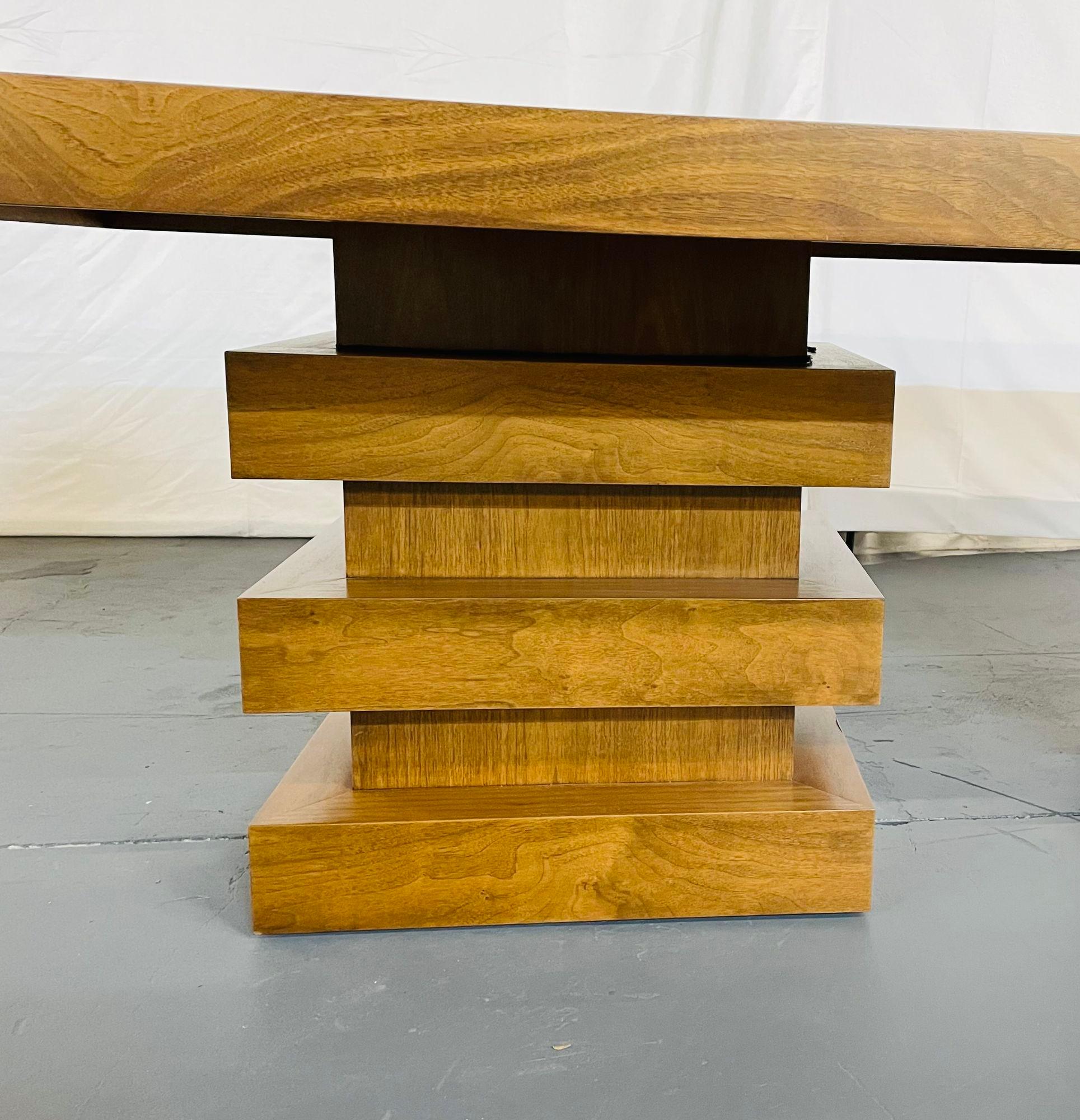 Wood Modern Oak Double Pedestal Base Dining / Conference Table, Geometric Design For Sale