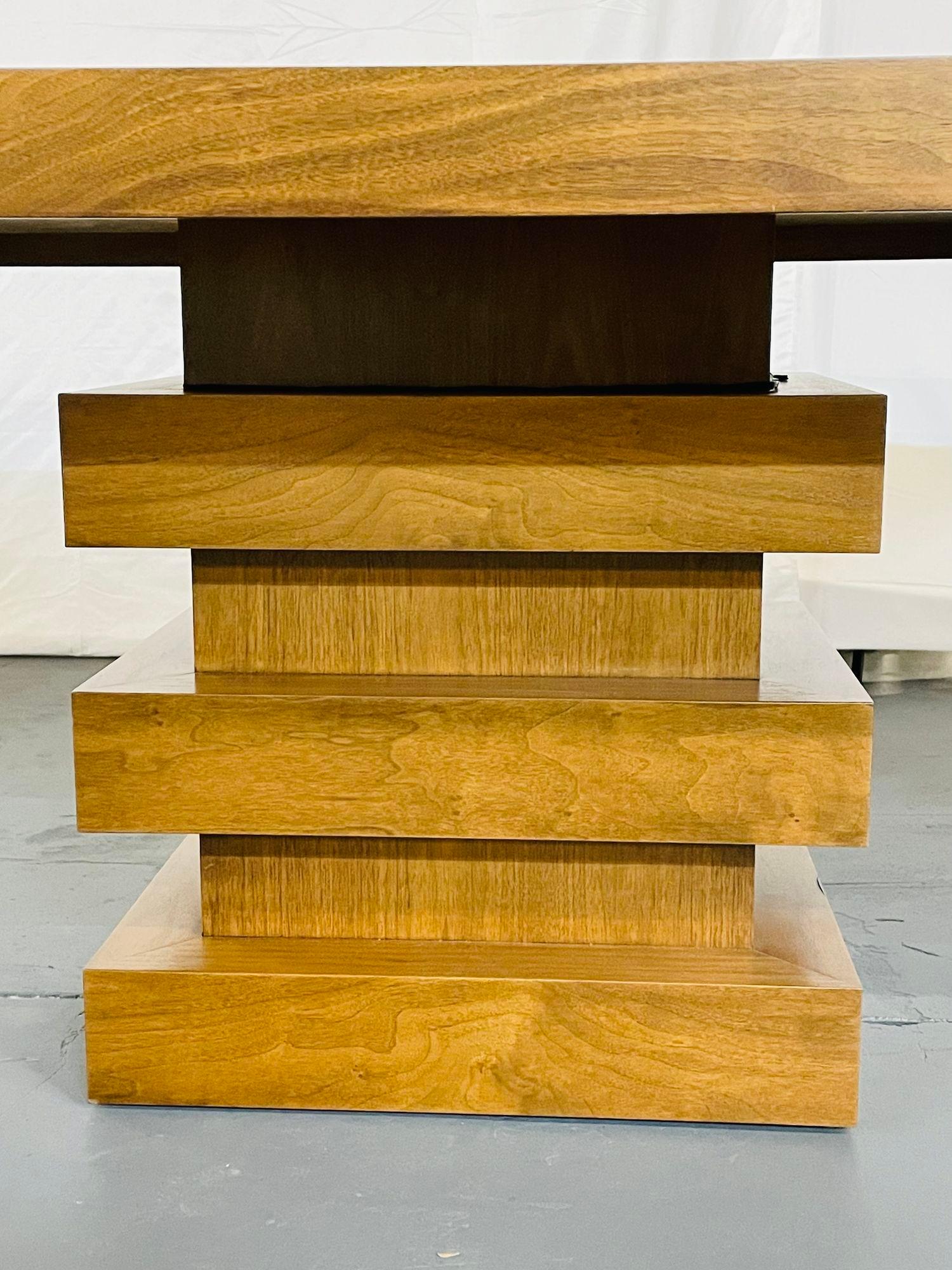 Modern Oak Double Pedestal Base Dining / Conference Table, Geometric Design For Sale 1