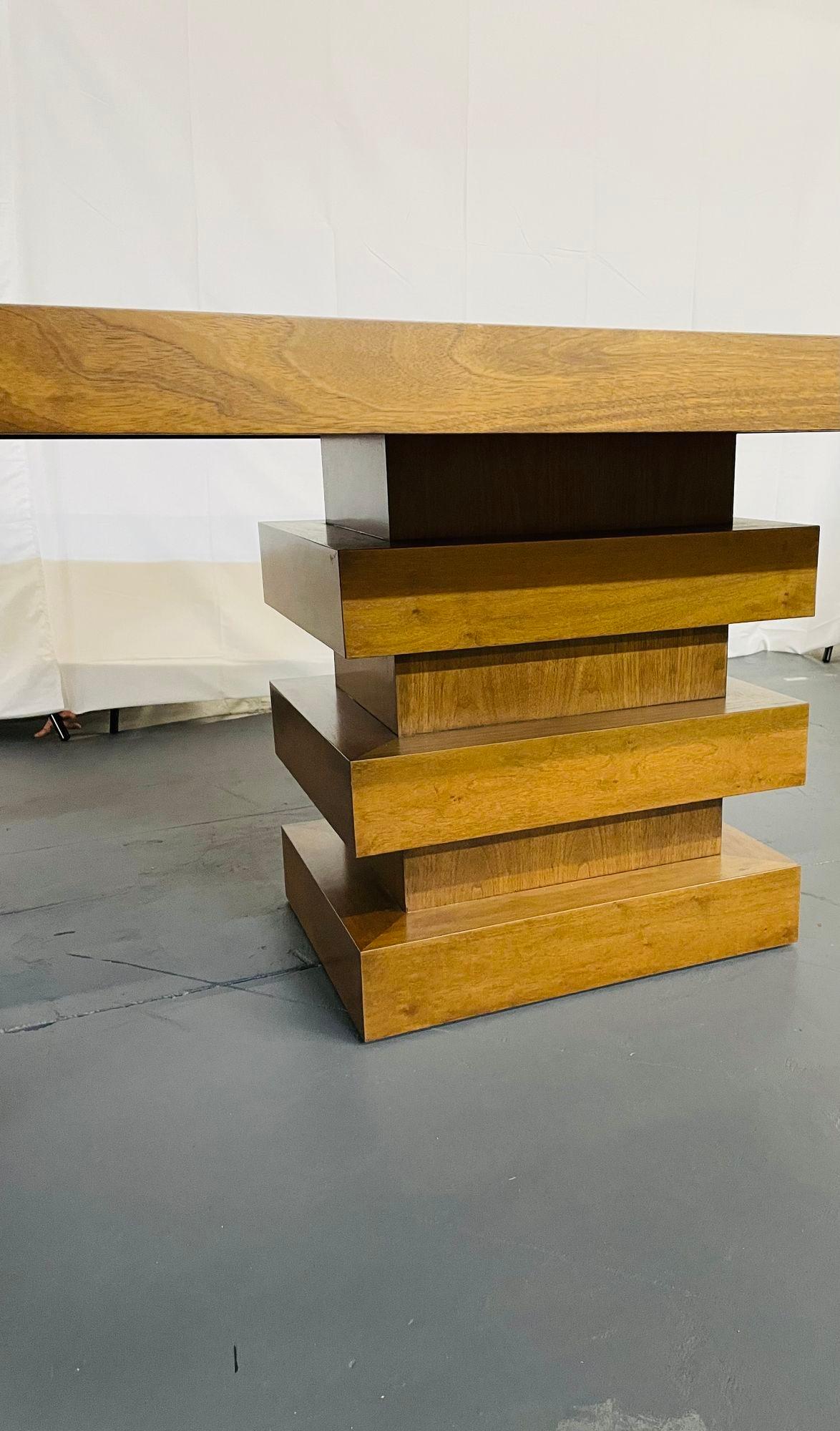 Modern Oak Double Pedestal Base Dining / Conference Table, Geometric Design For Sale 2