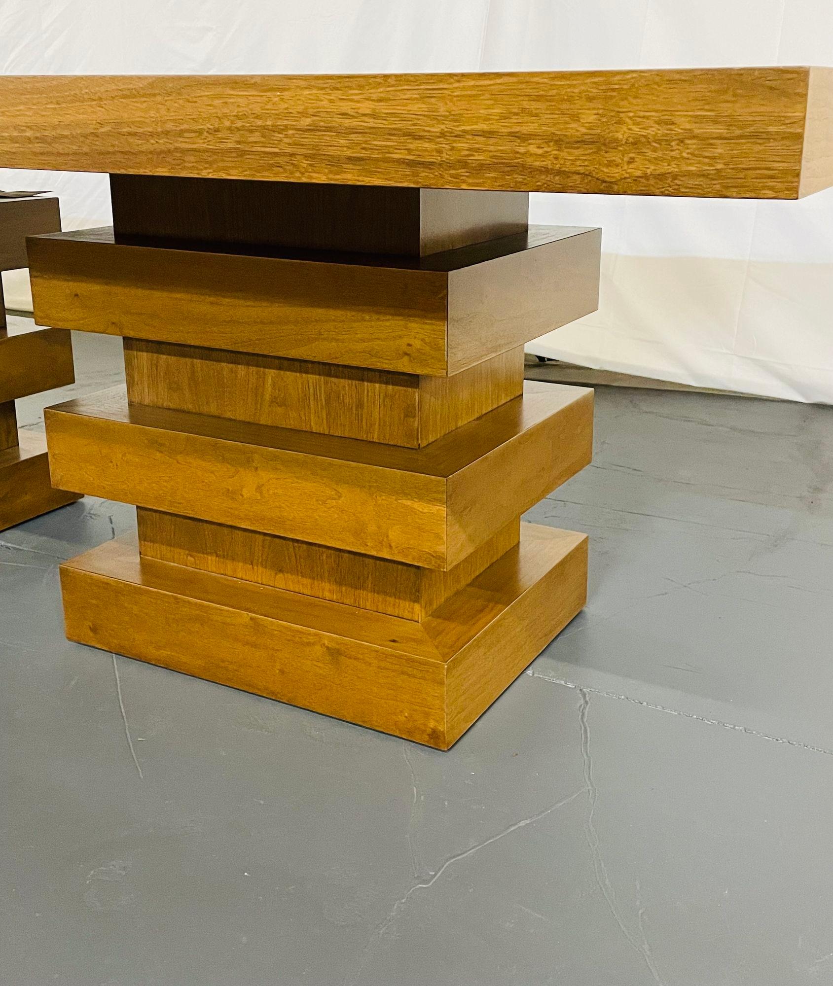 Modern Oak Double Pedestal Base Dining / Conference Table, Geometric Design For Sale 3