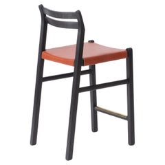 Modern Oak Low-Back Counter Stool with Leather Seat