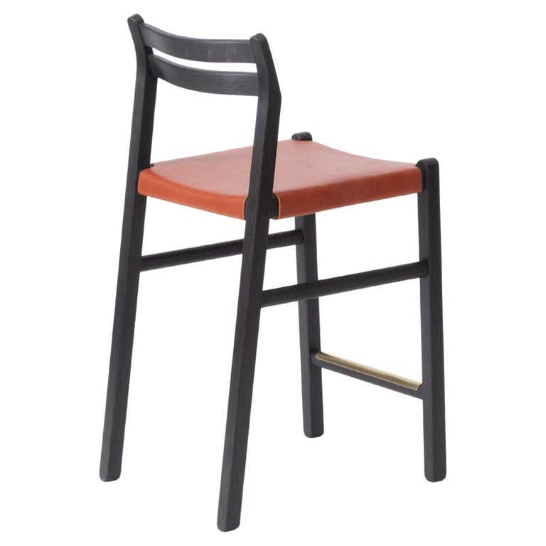 Modern Oak LowBack Counter Stool with Leather Seat For Sale at 1stDibs