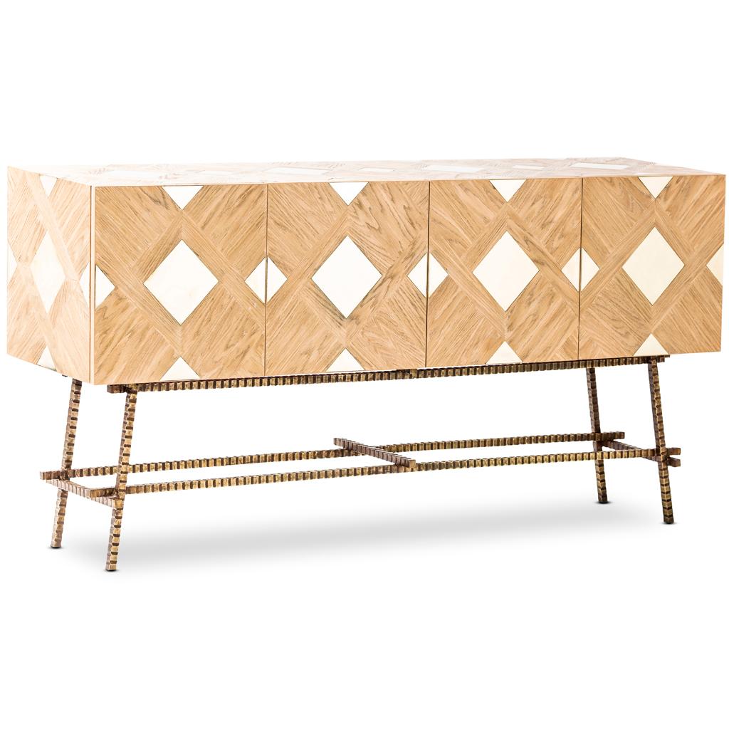 This modern sideboard can be used as a drinks cabinet, server or sideboard. It is constructed in solid Oak hand laid in an intricate herringbone pattern. The center of the herringbone is finished with a solid, polished brass inserts. The internal is