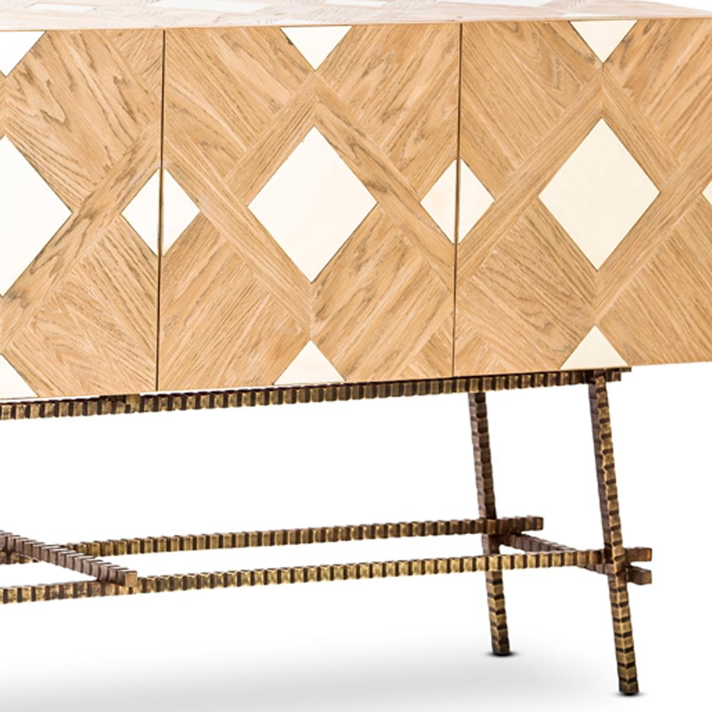 South African Modern Oak Parquet, Brass, Wrought Steel & Lacquer Sideboard by Egg Designs For Sale