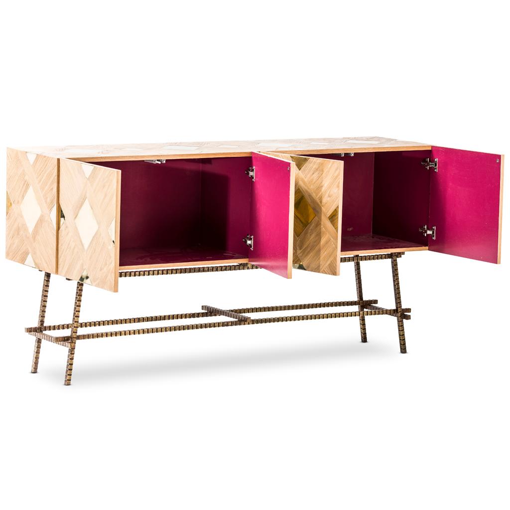 Bronzed Modern Oak Parquet, Brass, Wrought Steel & Lacquer Sideboard by Egg Designs For Sale