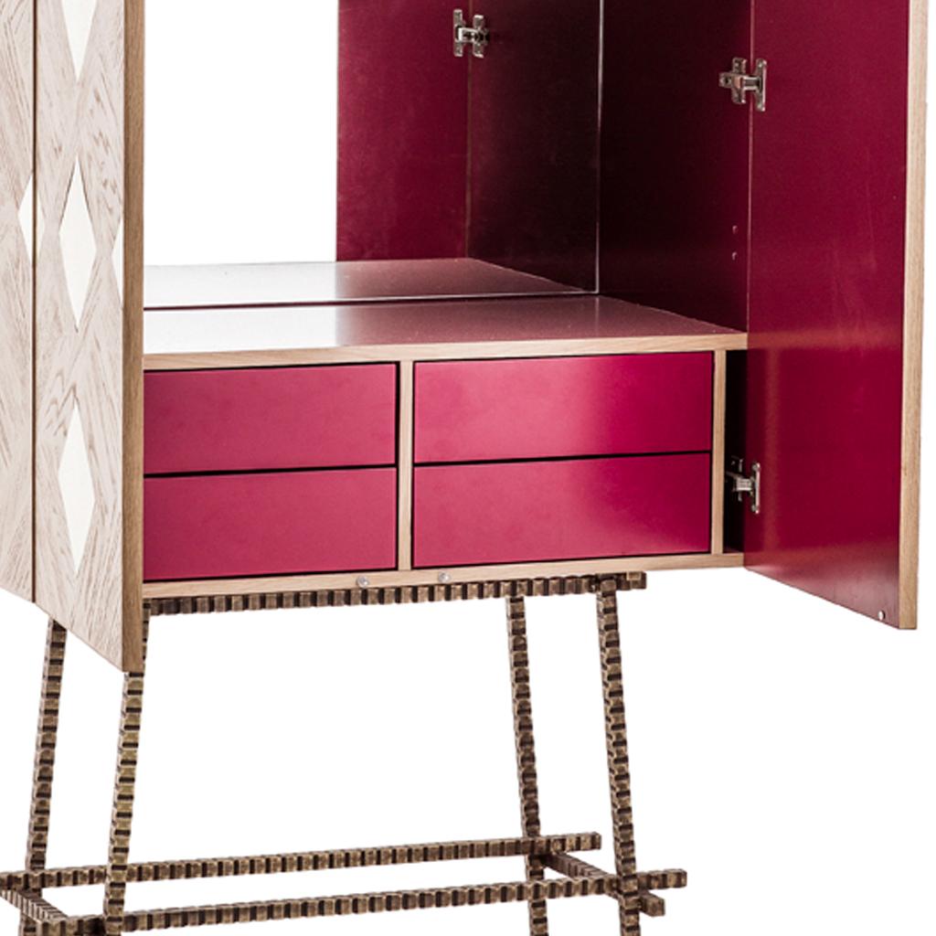 Contemporary Modern Oak Parquet, Brass, Wrought Steel & Lacquer Cabinet by Egg Designs For Sale