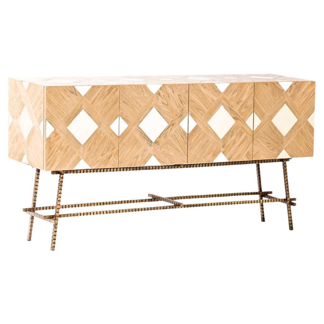 Modern Oak Parquet, Brass, Wrought Steel & Lacquer Sideboard by Egg Designs For Sale