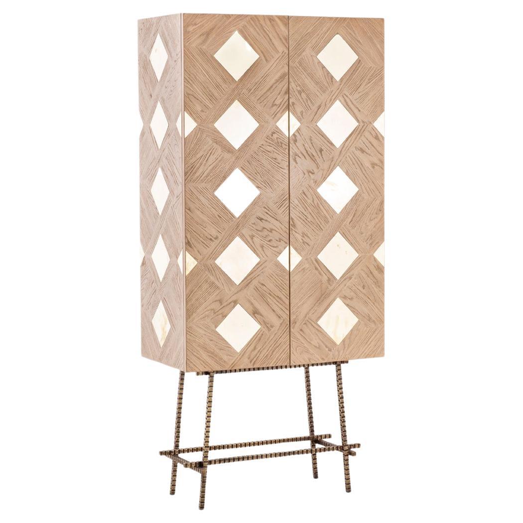 Modern Oak Parquet, Brass, Wrought Steel & Lacquer Cabinet by Egg Designs For Sale