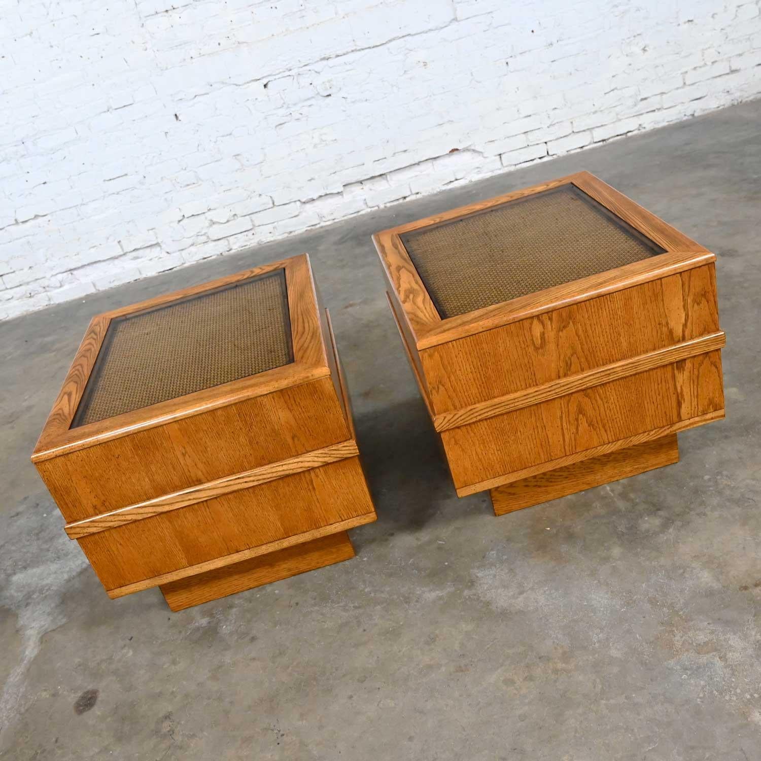 American Modern Oak w Cane & Glass Insert Top Pedestal Base Pr End Tables or Nightstands For Sale