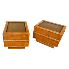 Modern Oak w Cane & Glass Insert Top Pedestal Base Pr End Tables or Nightstands