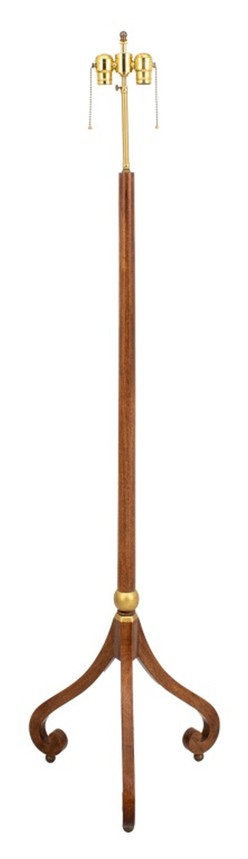 Modern Oak Wood Tripod Floor Lamp, mid 20th century, scroll form tripod base with gilt trim. 66.25