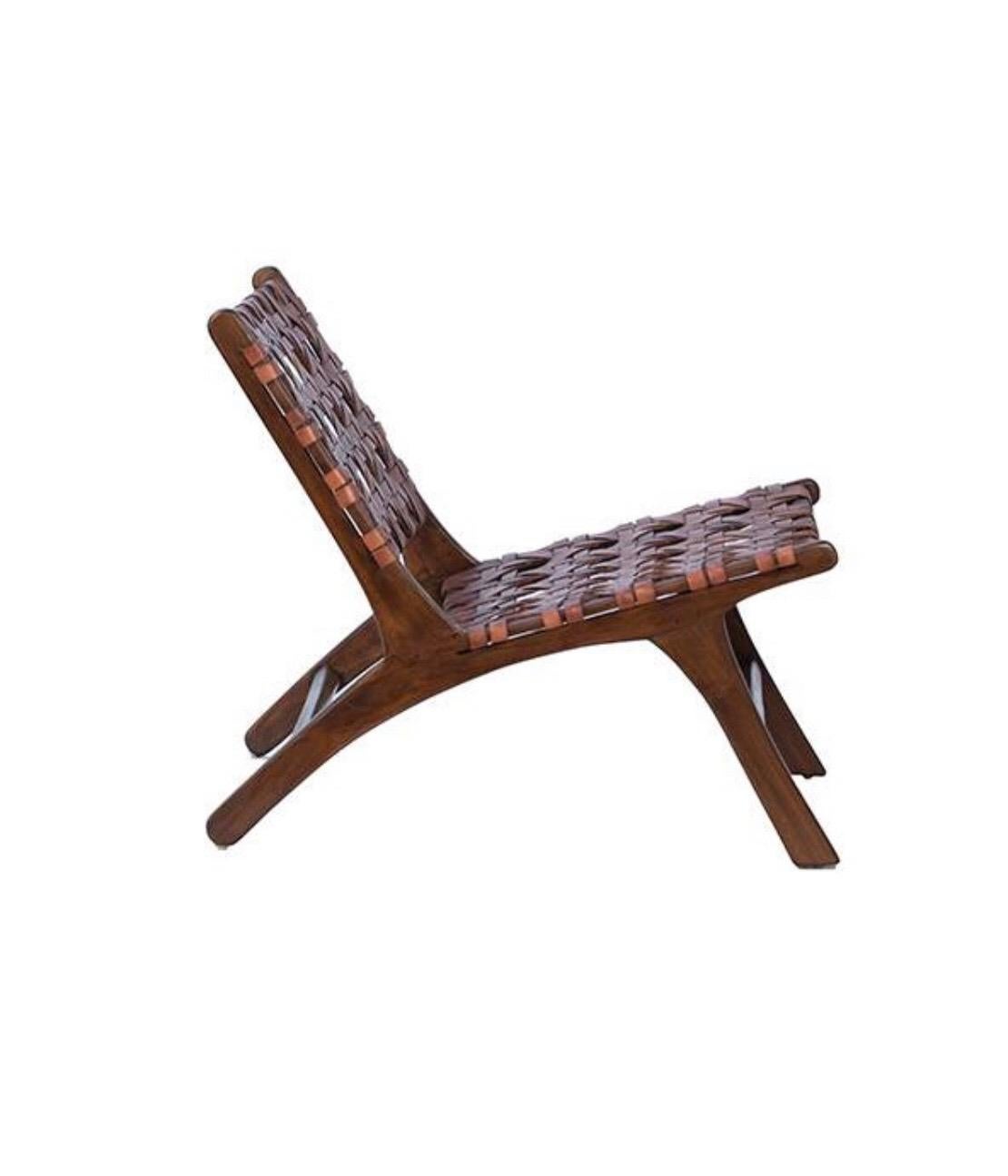 Solid Teak occasional lounge chair made of solid teak and full grain leather webbing and antique brown finish.