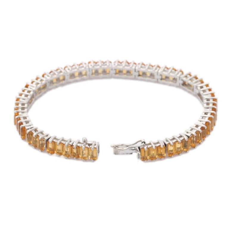 Modern Octagon Citrine Tennis Bracelet in sterling silver showcases endlessly sparkling natural citrine. It measures 7.5 inches long in length. 
Citrine stimulate concentration and reduces stress. 
Designed with perfect octagon cut citrine set in