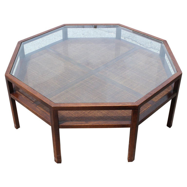 Modern Octagon or Round Walnut Coffee Table with Glass Top at 1stDibs