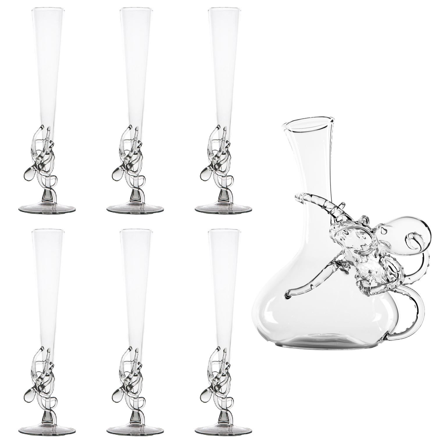 Italian Modern Octopus Polpo Flute Hand Blown Glass Sea Creatures Ocean Animal Prosecco For Sale