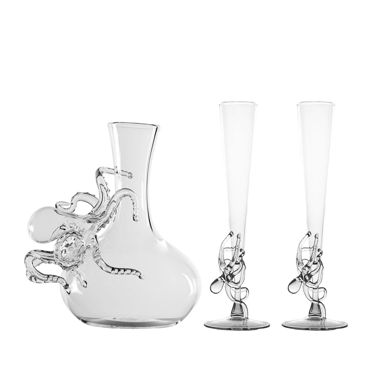 Other Modern Octopus Polpo Flute Hand Blown Glass Sea Creatures Ocean Animal Prosecco For Sale