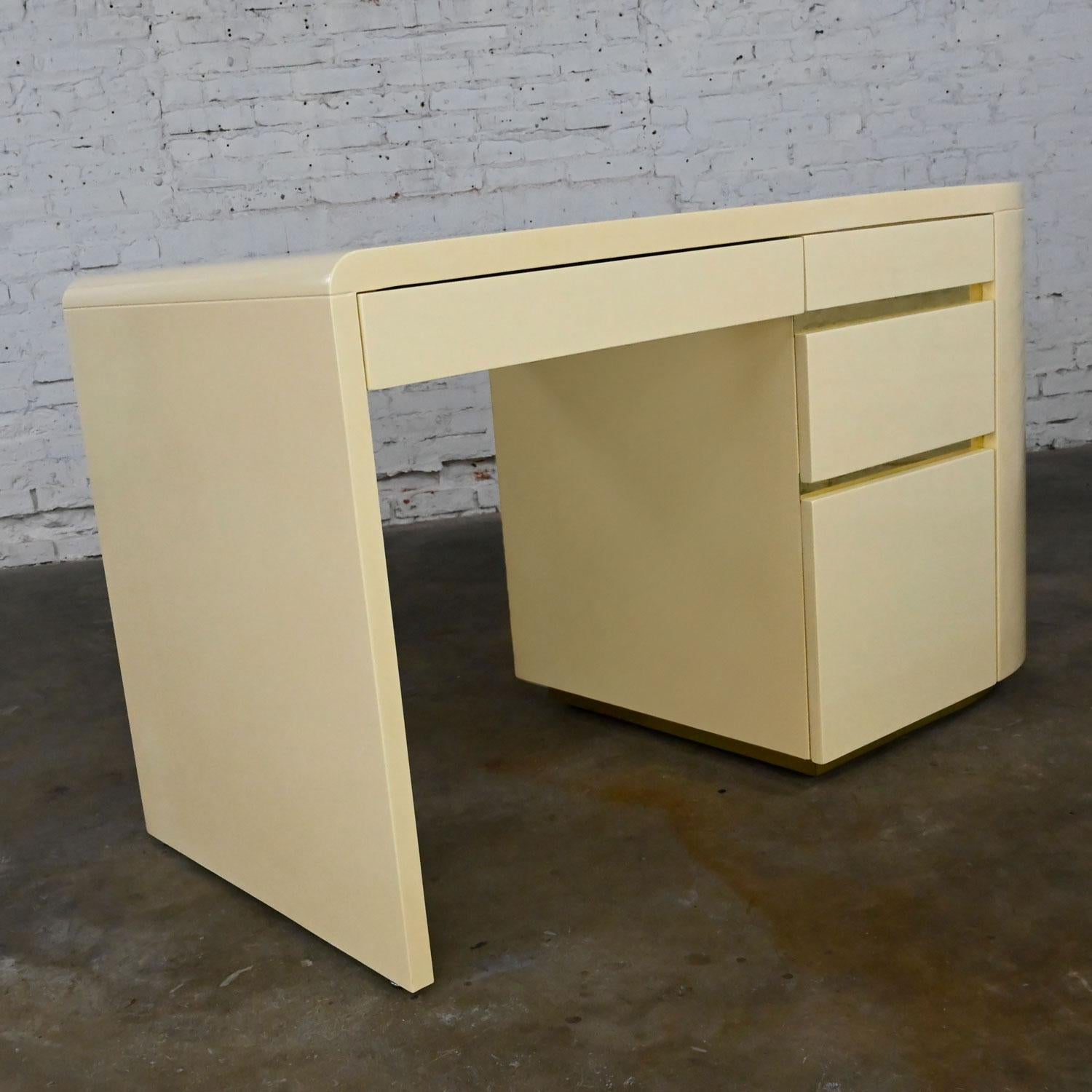 Plated Modern off White Lacquered Desk Brass Details Style of Baughman or Springer For Sale