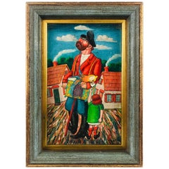 Modern Oil on Board Folk Art Painting "The Organ Grinder" by Artist Maurice Kish