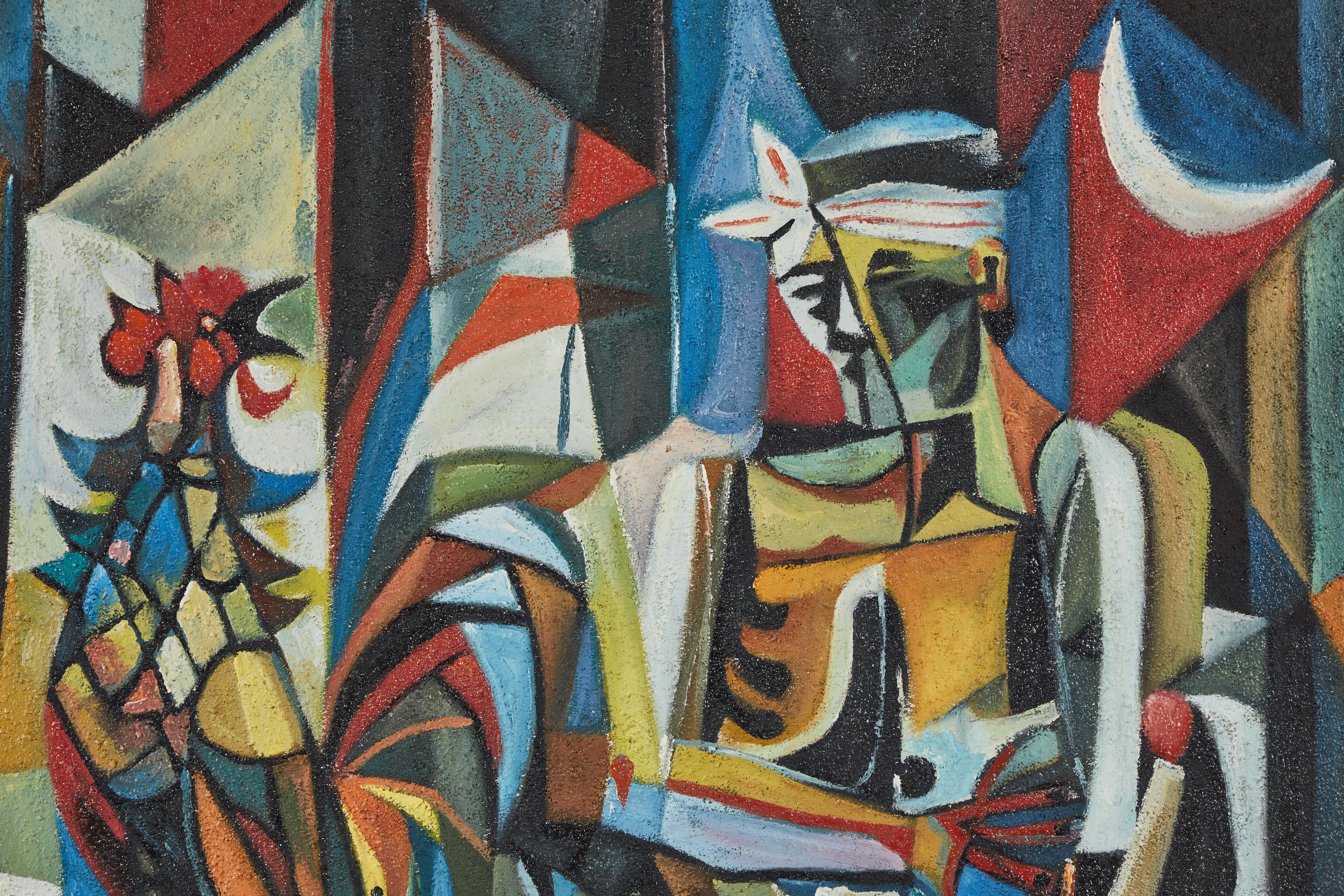 Un dipinto in stile cubista moderno alla maniera di Vicente Manansala (1910-1981) delle Filippine.  Texture pesante, pittura su tela.  36