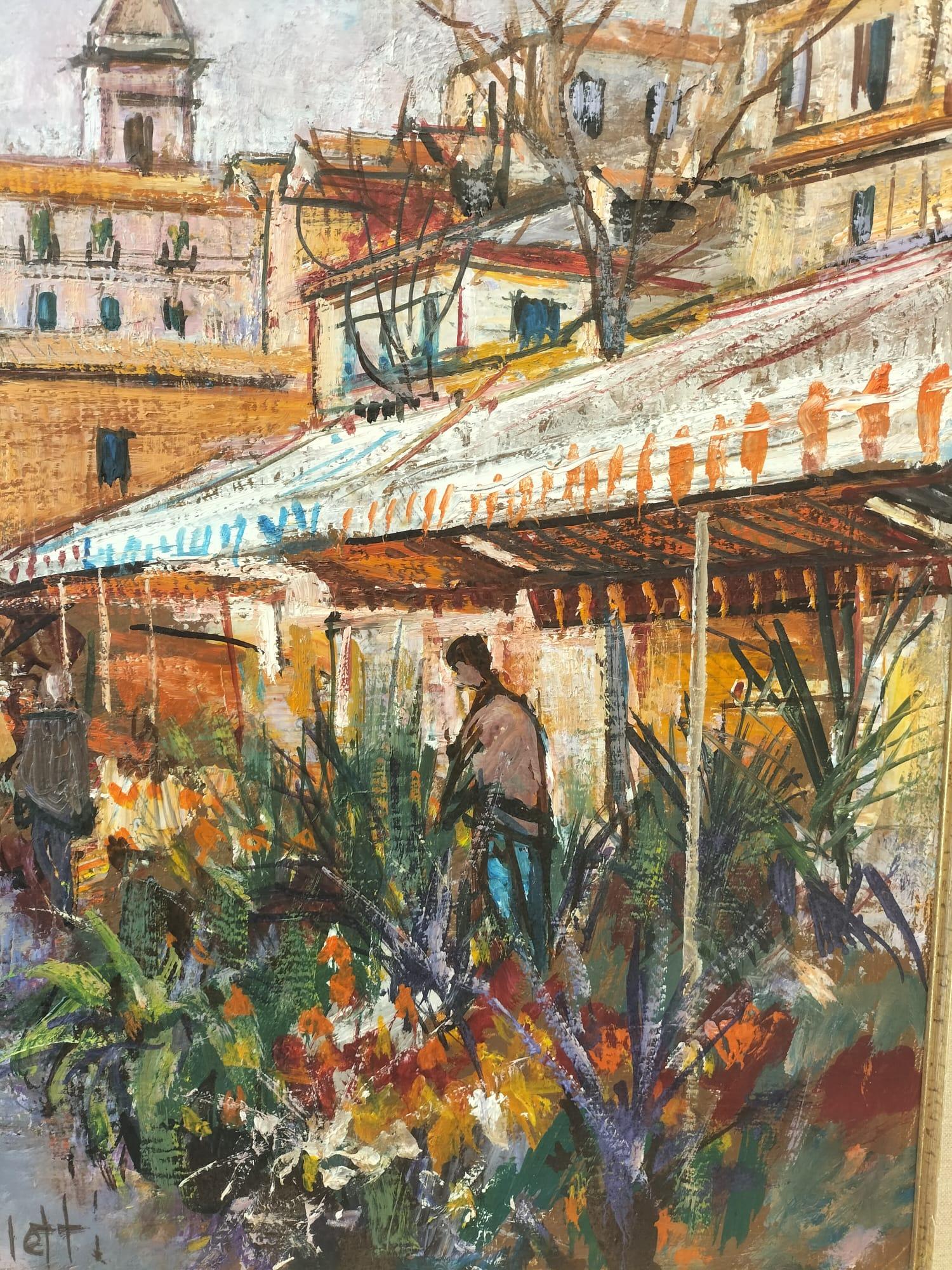 We are delighted to present this exquisite painting by Cesar Boletti (1915-1995), which captures a vibrant floral market scene on the Cours Saleya in Nice. This piece is masterfully rendered using a refined painting technique and a stunning palette