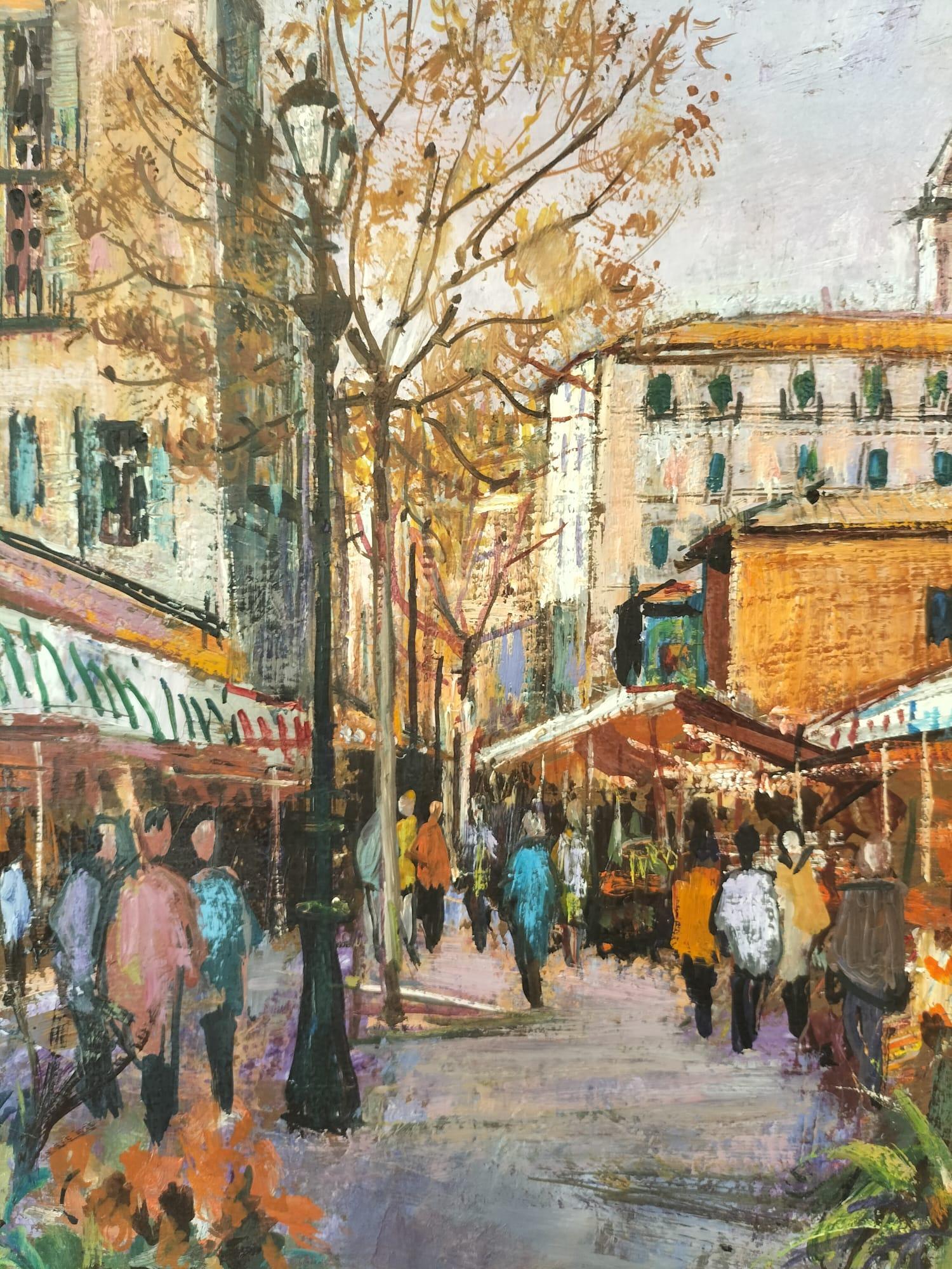 Mid-Century moderno Quadro moderno a olio su tela di un mercato di fiori di Cesar Boletti (1915-1995)