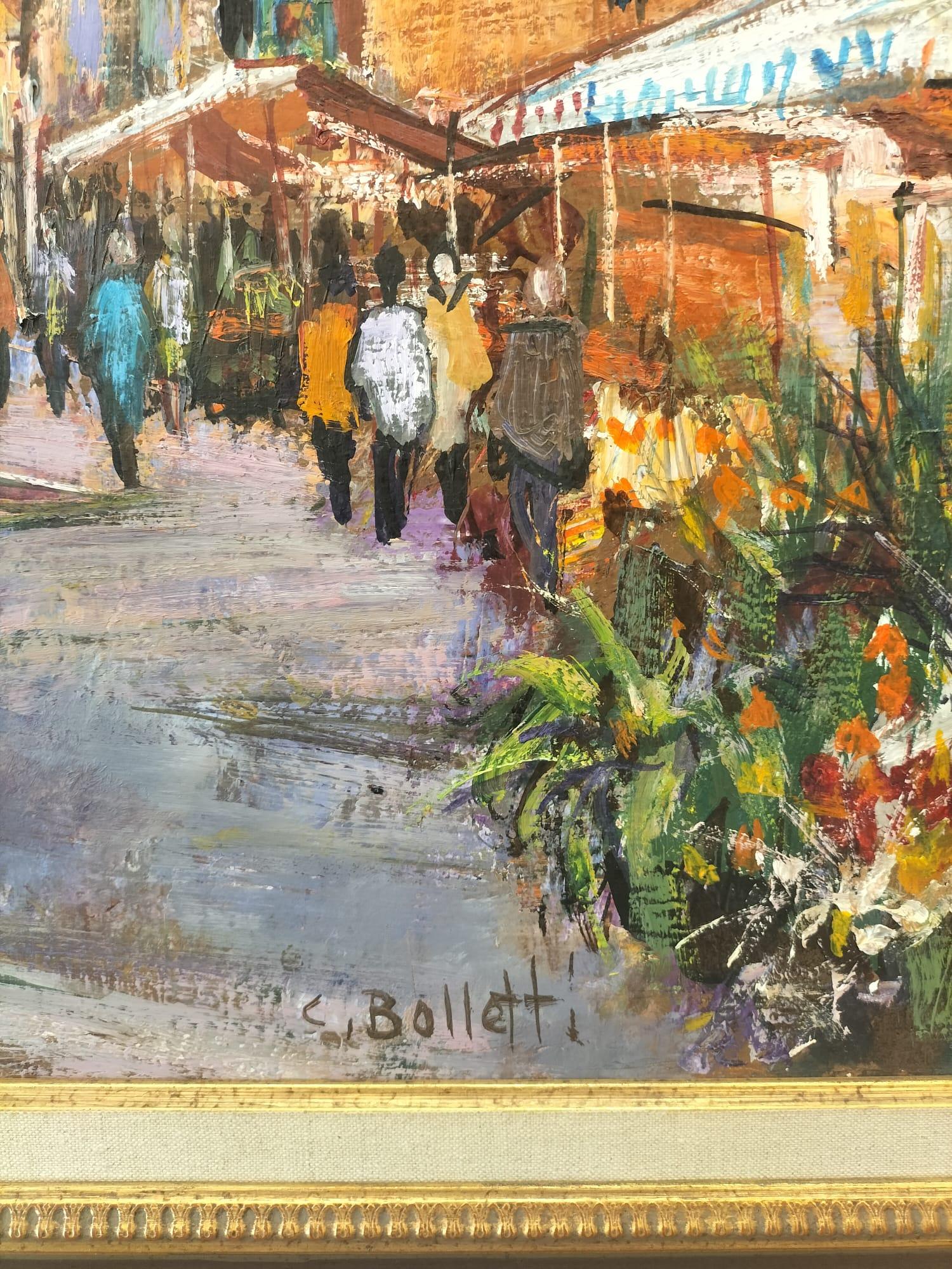 Francese Quadro moderno a olio su tela di un mercato di fiori di Cesar Boletti (1915-1995)