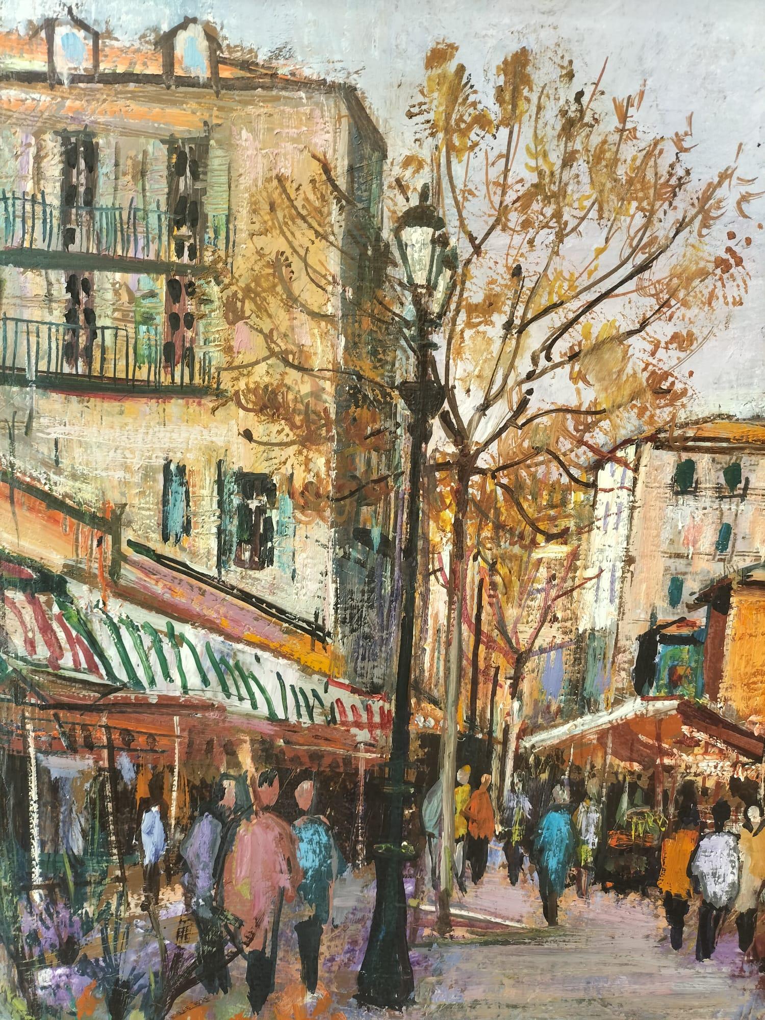 Gilt Modern Oil-on-Canvas Painting of a Flower Market by Cesar Boletti (1915-1995) For Sale