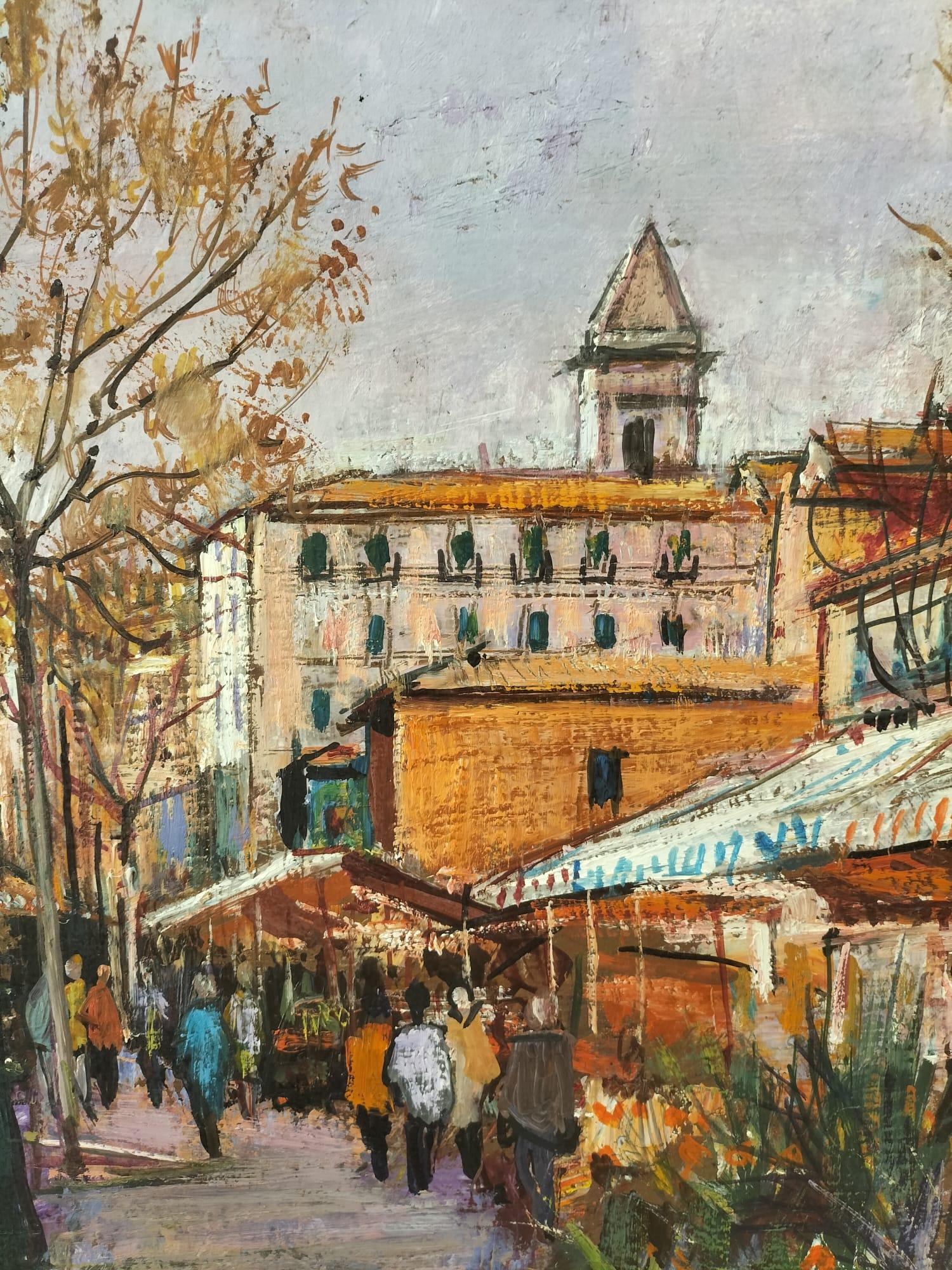 Quadro moderno a olio su tela di un mercato di fiori di Cesar Boletti (1915-1995) In condizioni buone a NICE, FR