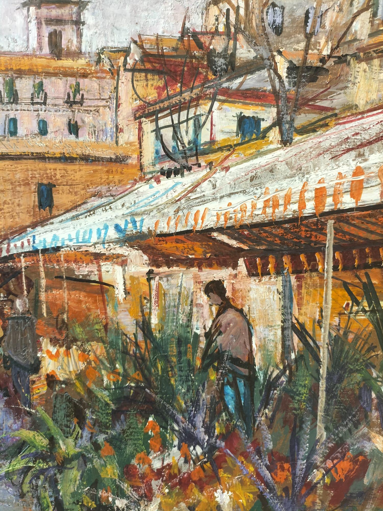 XX secolo Quadro moderno a olio su tela di un mercato di fiori di Cesar Boletti (1915-1995)