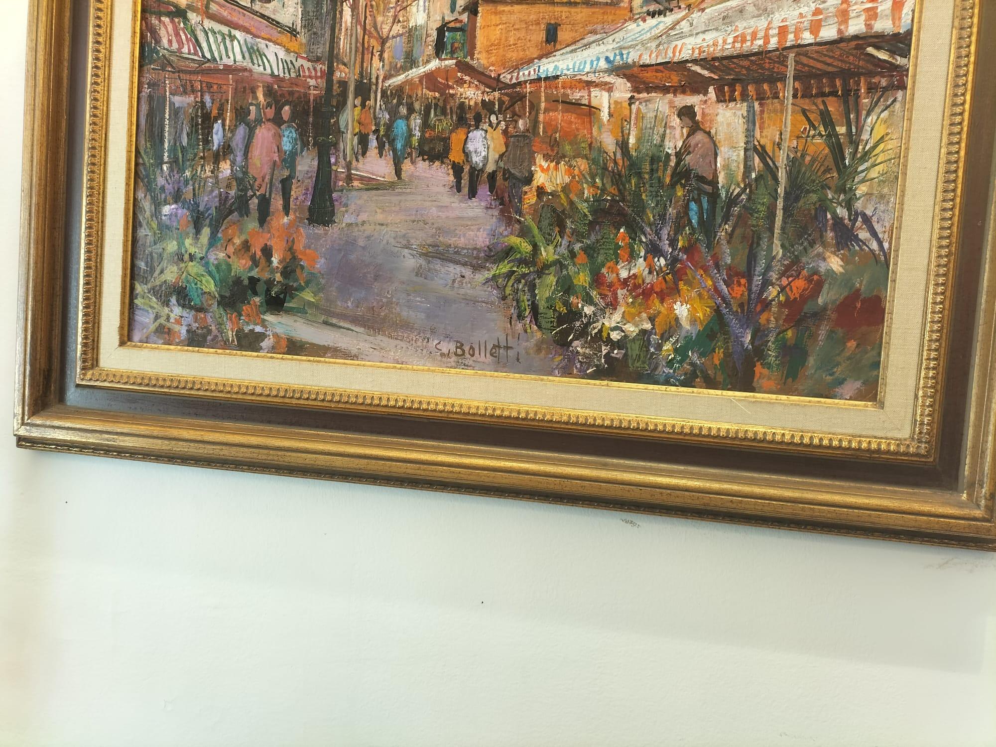 Tela Quadro moderno a olio su tela di un mercato di fiori di Cesar Boletti (1915-1995)