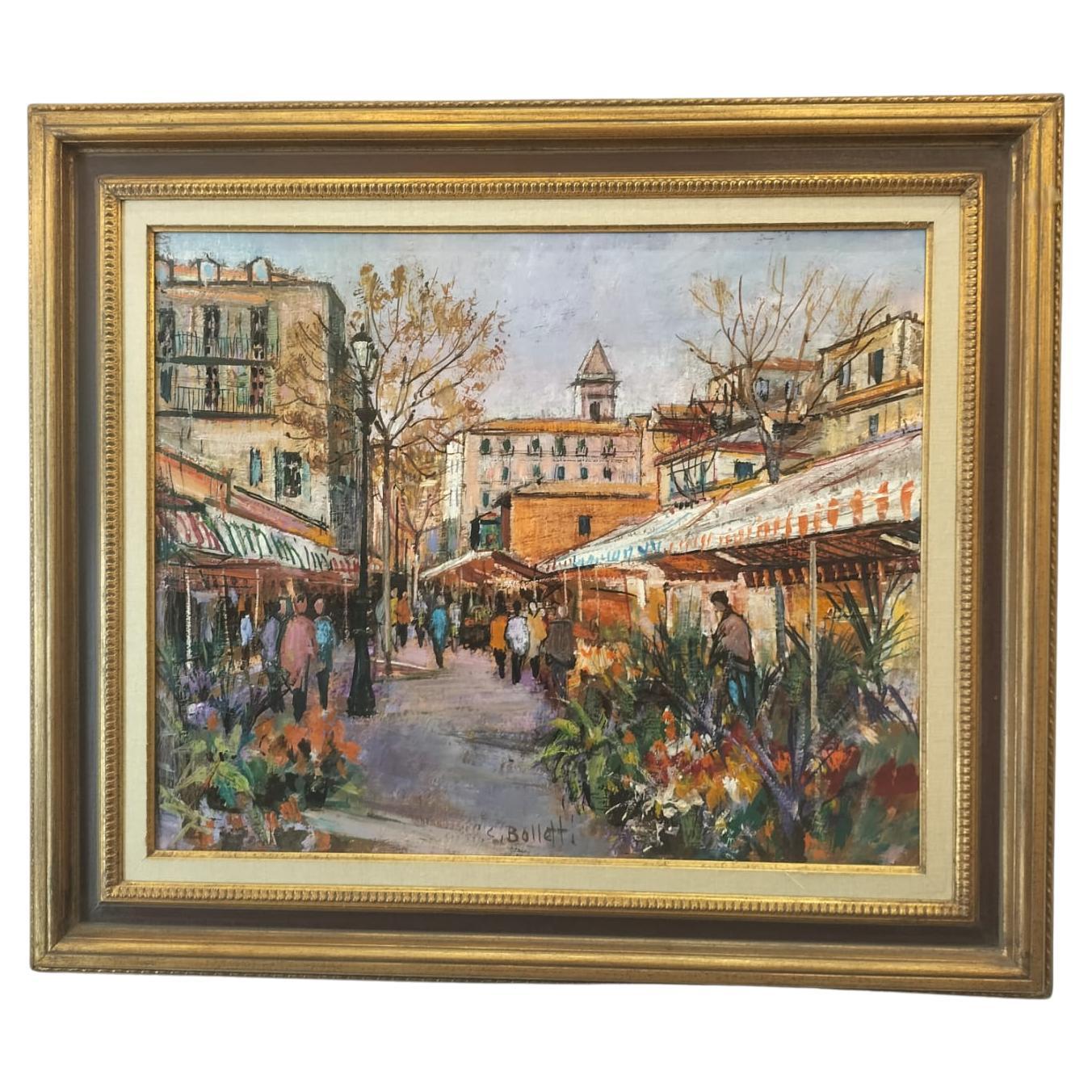 Modern Oil-on-Canvas Painting of a Flower Market by Cesar Boletti (1915-1995) For Sale