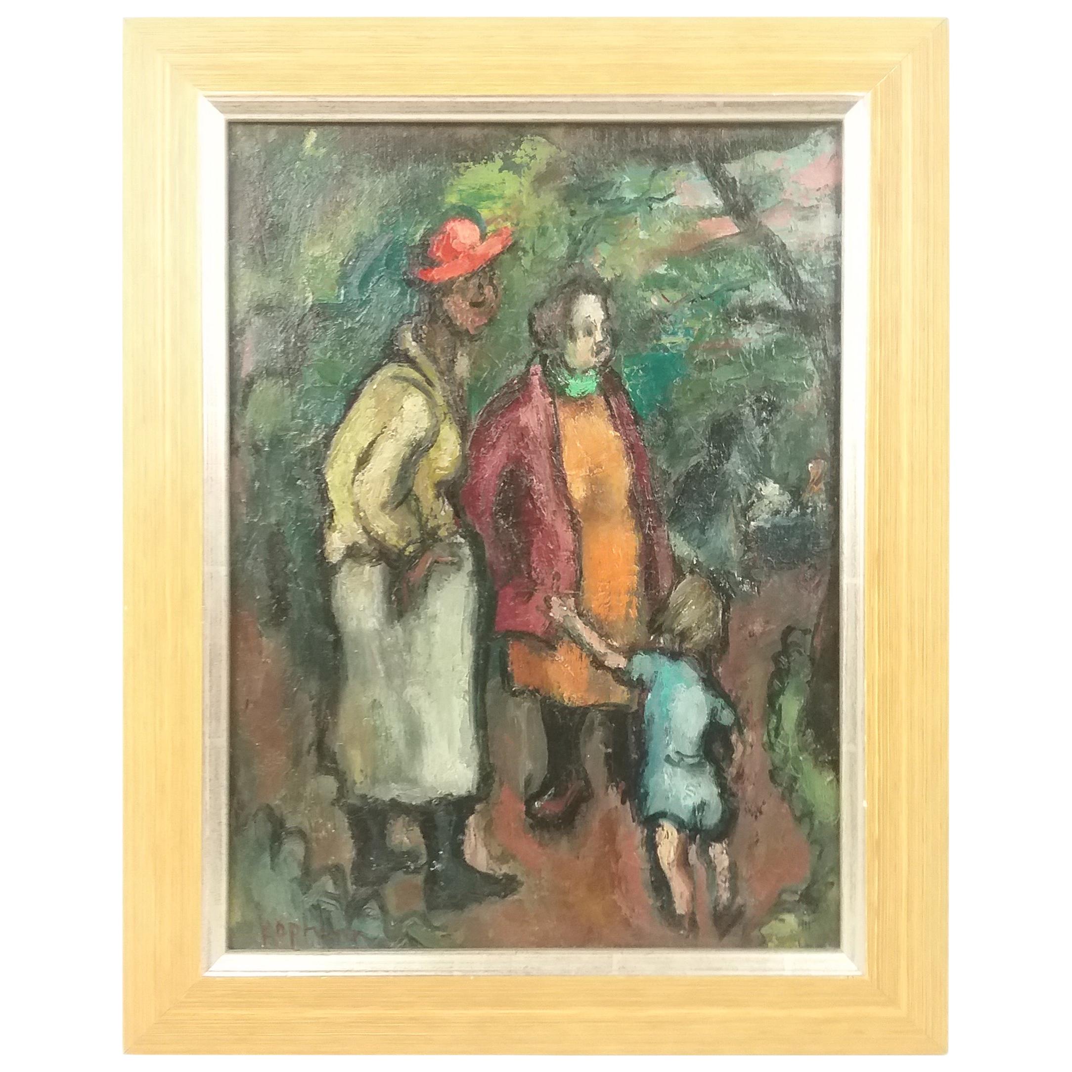 Modern Oil on Canvas "Two Women with Child in Park" by Benjamin Kopman