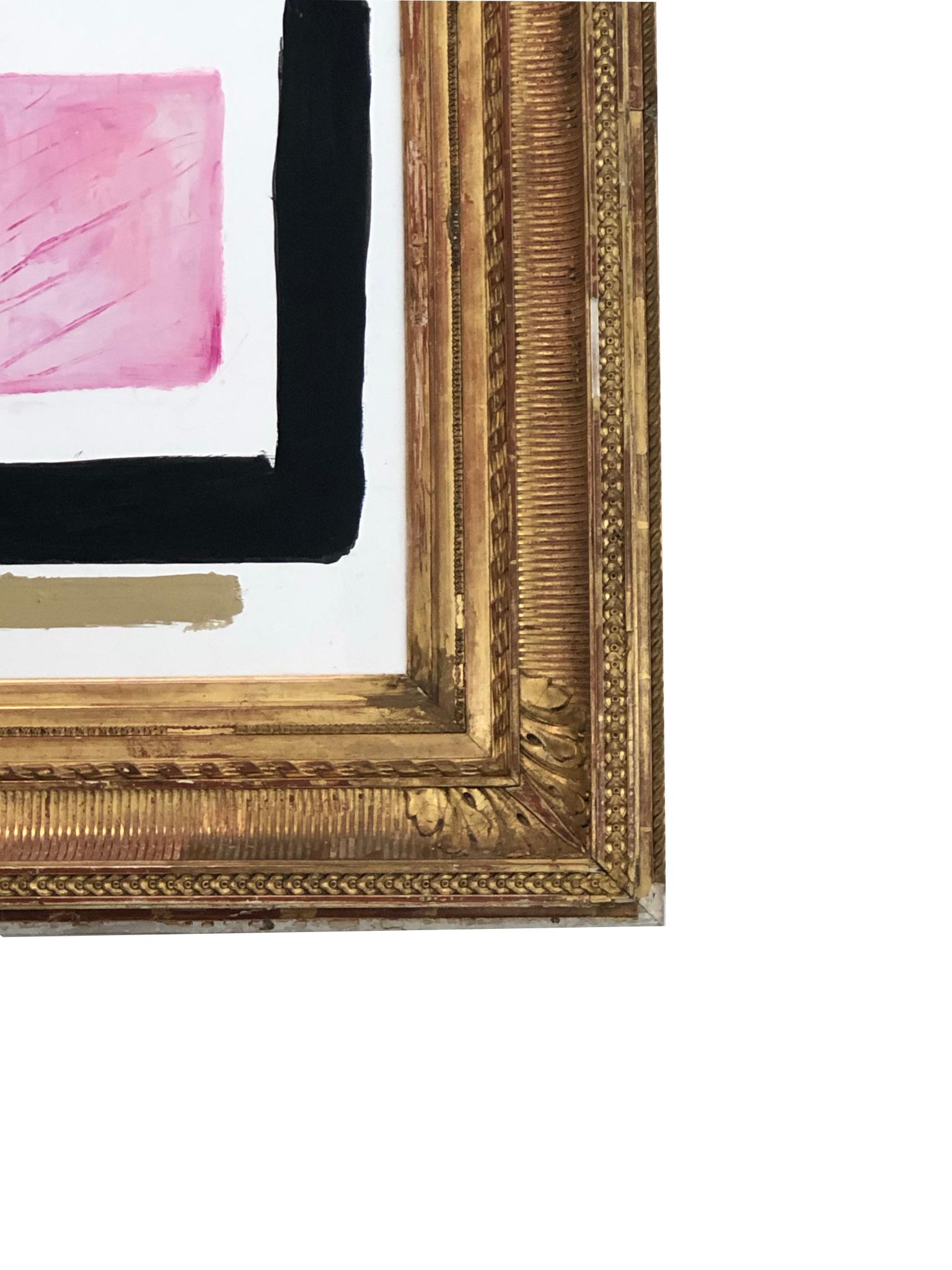 Beautiful modern painting on Venetian plaster treated canvas. The painting is abstract with pinks and blacks and a touch of gold. Frame is a beautiful example of an 18th century gilt and gesso plaster frame. The painting is from artist B. Jones.