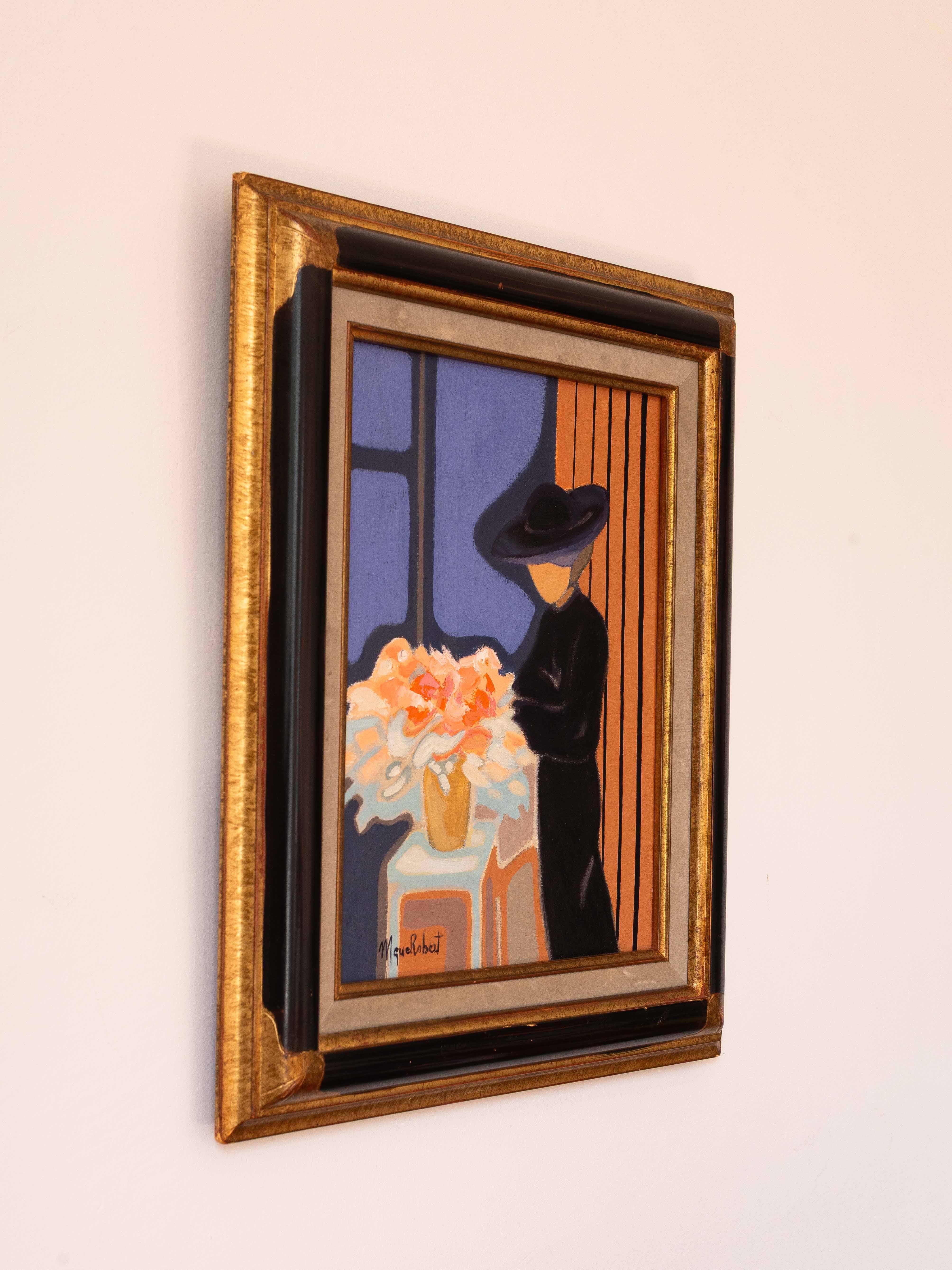 Modern Oil Painting - Portrait of a Woman with Flowers by Monique ROBERT - 1980s For Sale 5