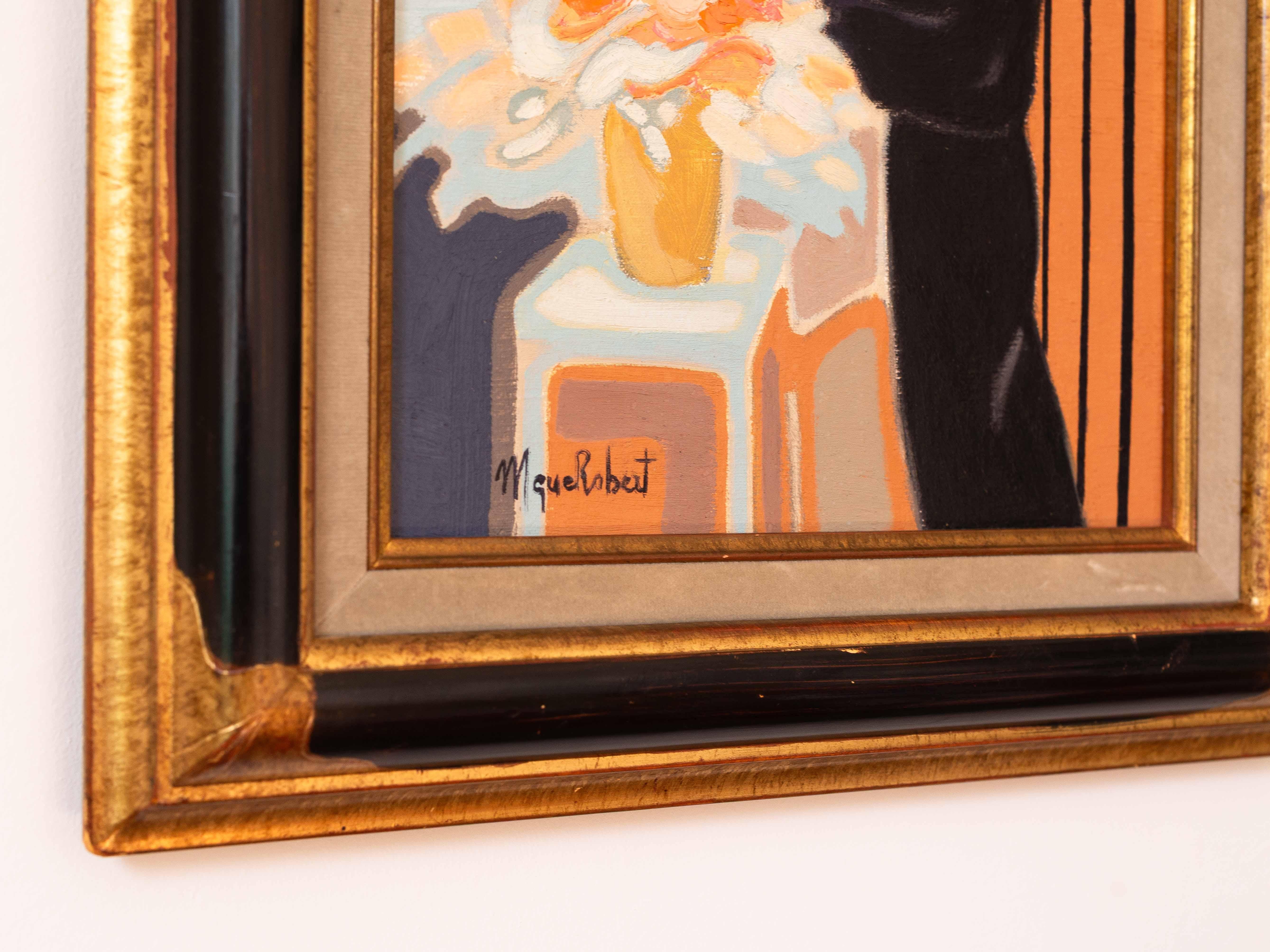 French Modern Oil Painting - Portrait of a Woman with Flowers by Monique ROBERT - 1980s For Sale