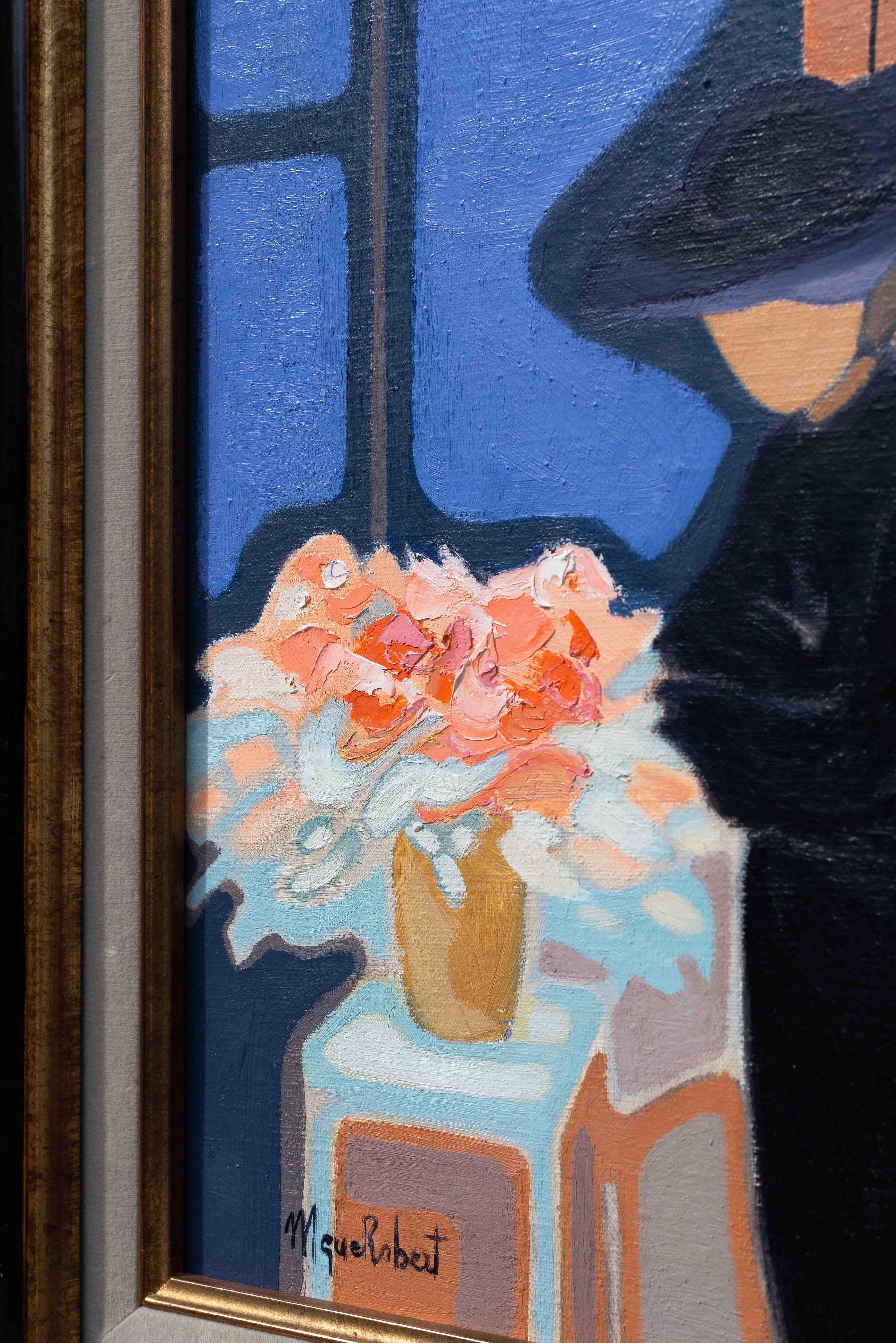 Modern Oil Painting - Portrait of a Woman with Flowers by Monique ROBERT - 1980s In Good Condition For Sale In ROUEN, Normandie