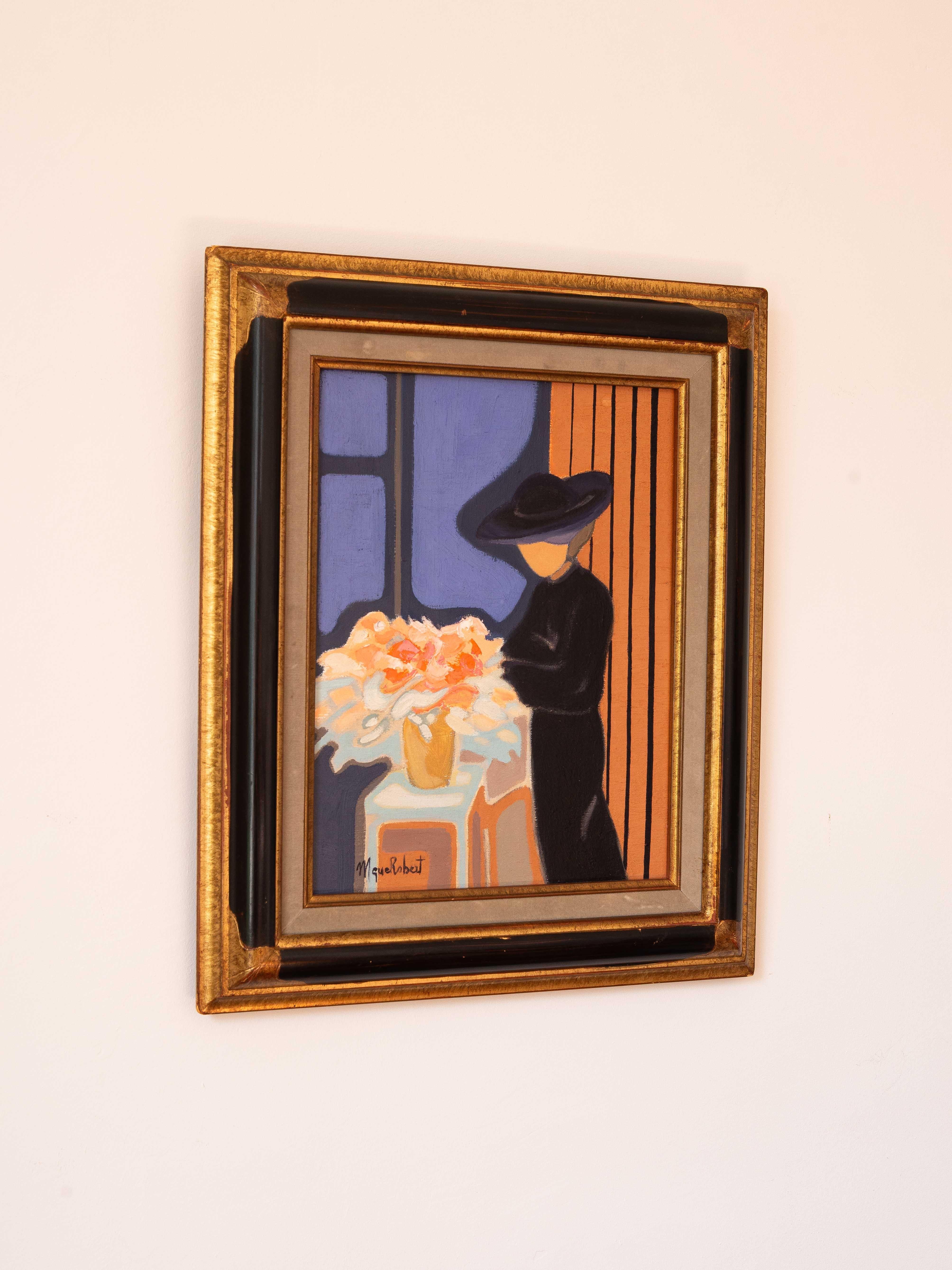 Canvas Modern Oil Painting - Portrait of a Woman with Flowers by Monique ROBERT - 1980s For Sale