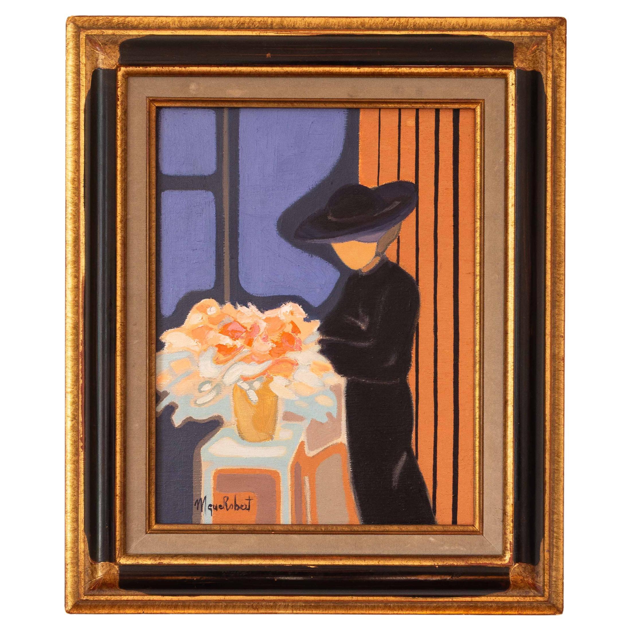 Modern Oil Painting - Portrait of a Woman with Flowers by Monique ROBERT - 1980s For Sale