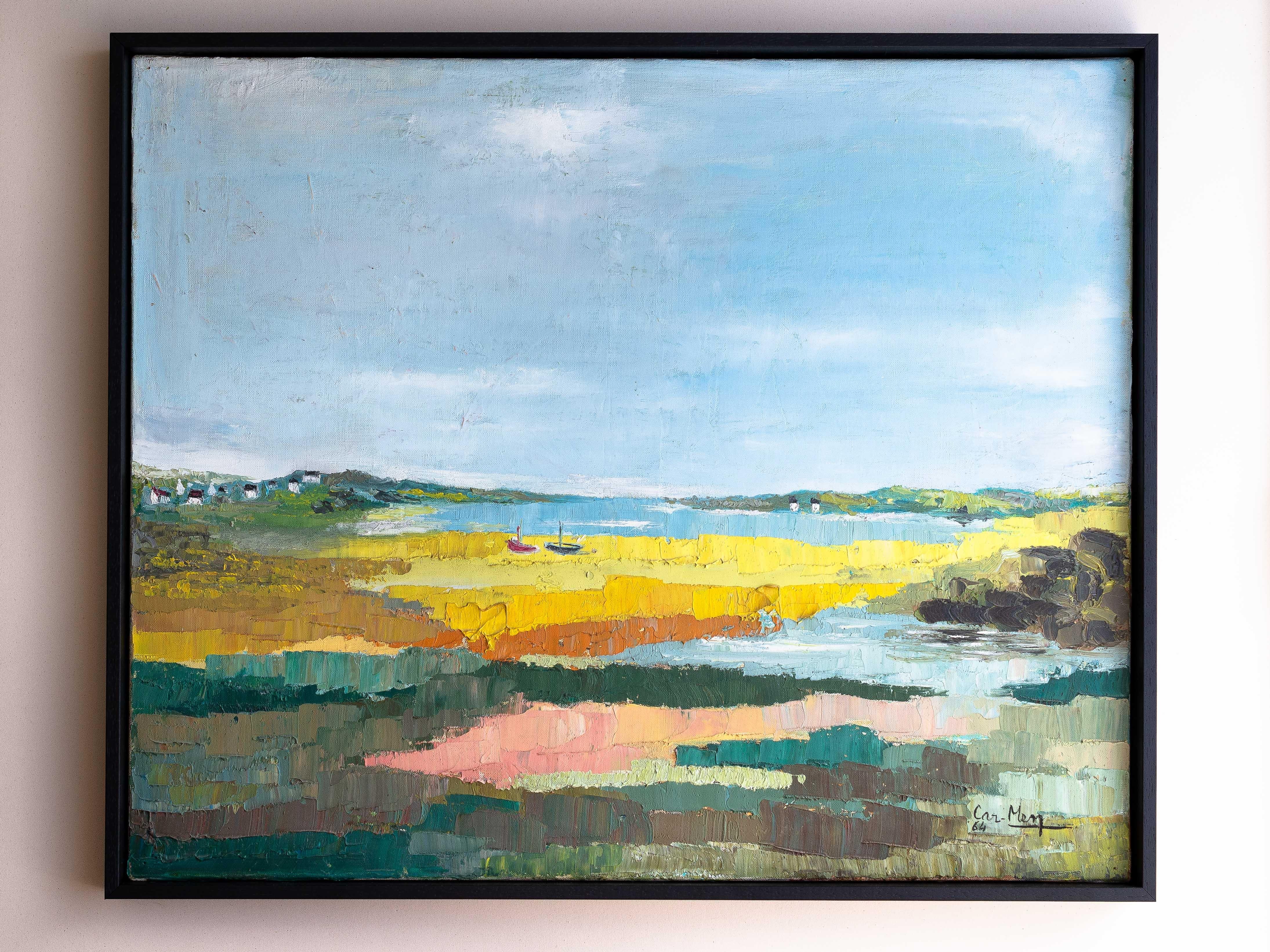 Pintura al óleo moderna, Paisaje junto al mar, Bretaña - Francia Años 60 Pintado en venta